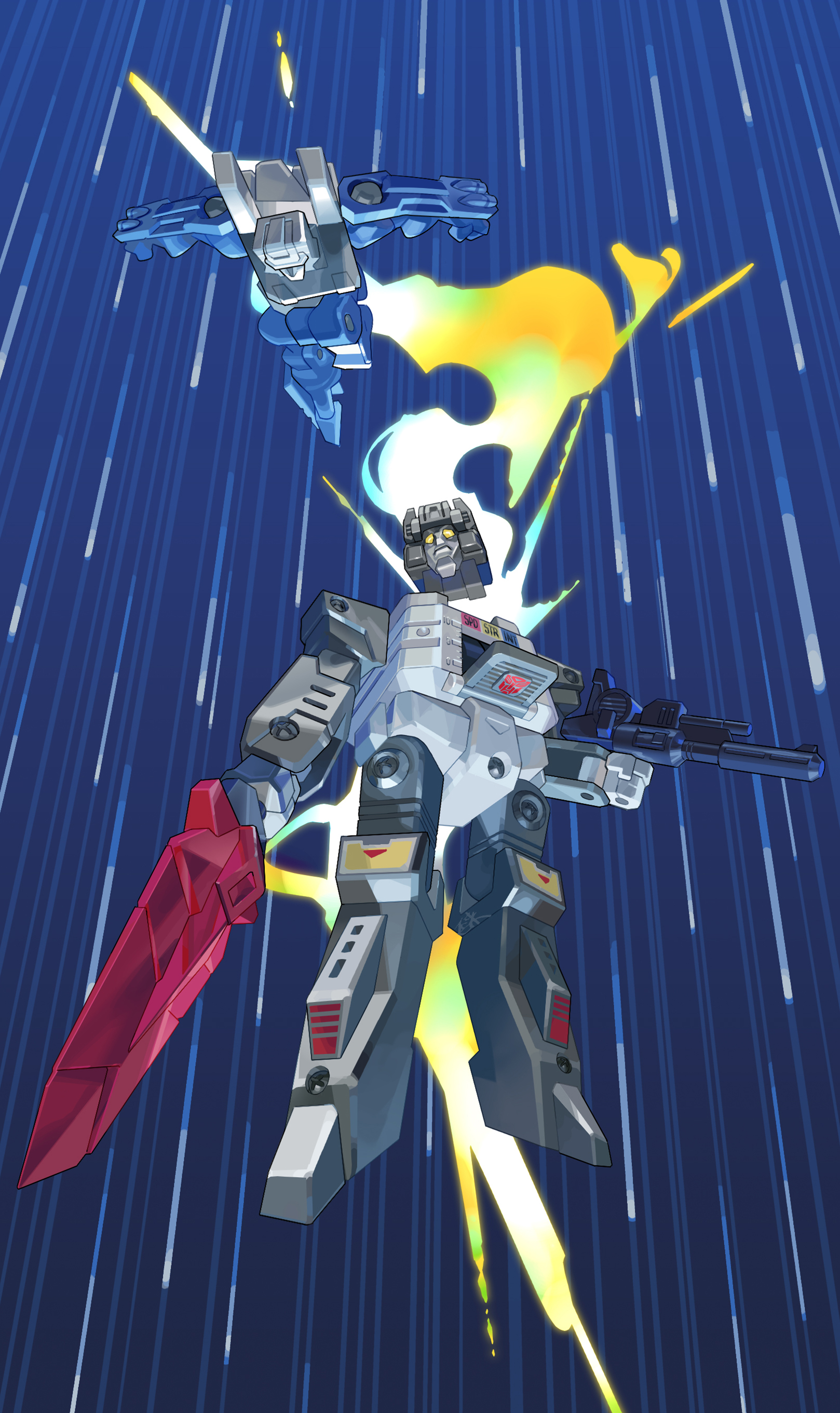 inaki shinrou, transformers, absurdres, commentary, highres, autobot, disembodied head, gun, holding, holding gun, holding sword, holding weapon, no humans, sword, weapon, yellow eyes