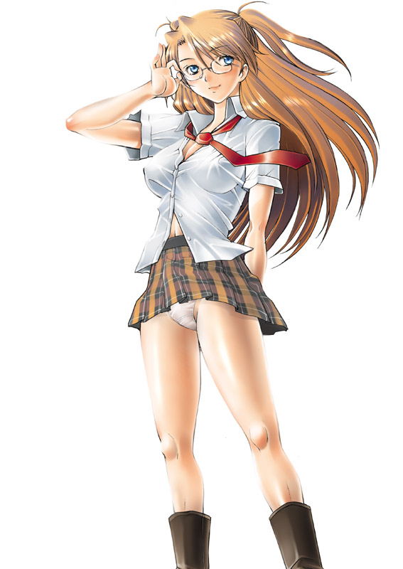 sakai hamachi, souryuu asuka langley, neon genesis evangelion, original, alternate breast size, 1girl, bespectacled, blue eyes, boots, breasts, clothes lift, dress shirt, female focus, glasses, large breasts, long hair, miniskirt, necktie, orange hair, panties, pantyshot, plaid clothes, plaid skirt, pleated skirt, red necktie, school uniform, serafuku, shirt, simple background, skirt, skirt lift, solo, standing, twintails, two side up, underwear, upskirt, white background, white panties