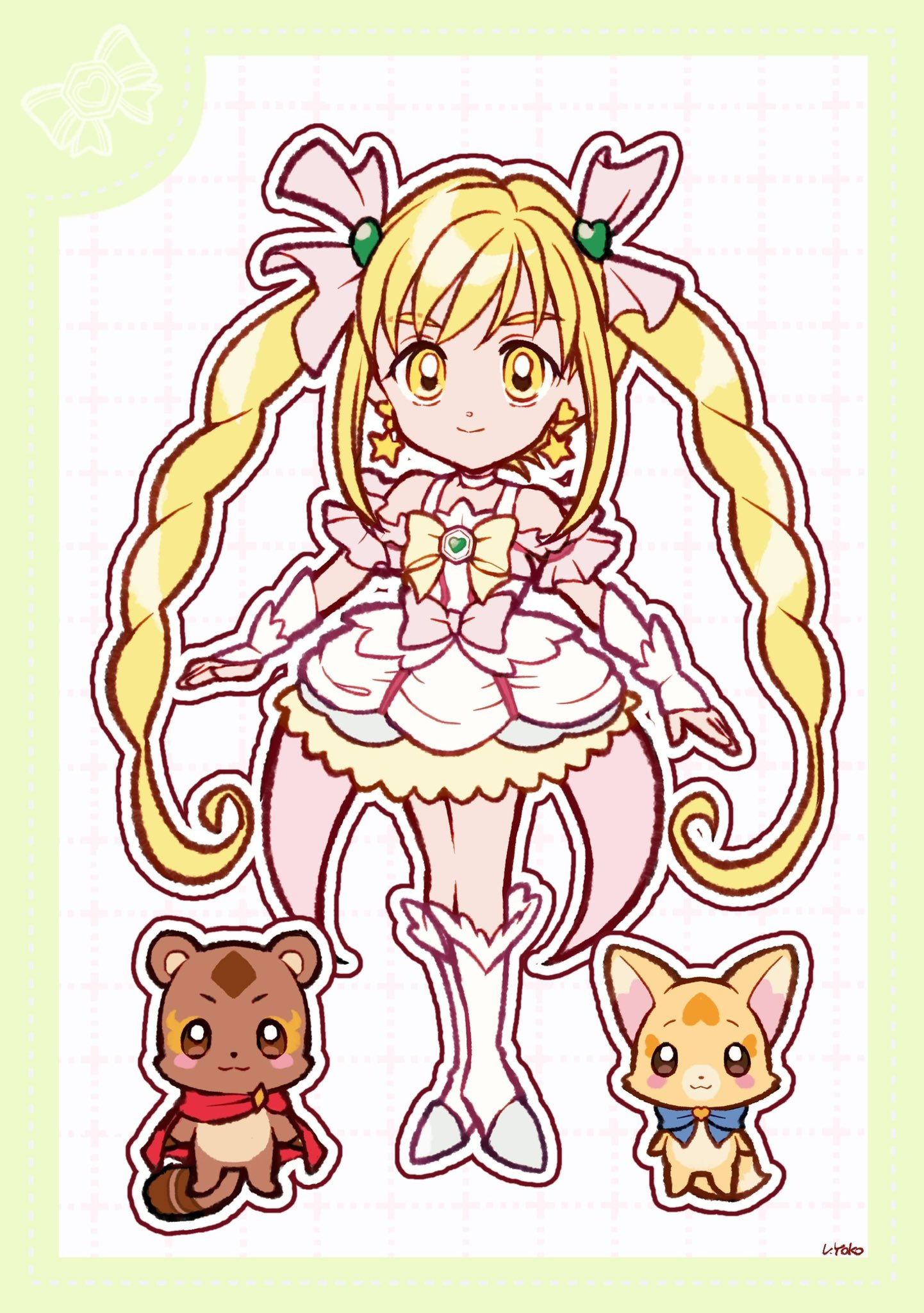 uwded 207, cure echo, en'en, gureru, sakagami ayumi, precure, precure all stars, precure all stars new stage: mirai no tomodachi, precure all stars new stage 2: kokoro no tomodachi, precure all stars new stage 3: eien no tomodachi, commentary, highres, 1girl, :3, arm warmers, arms at sides, bare shoulders, blonde hair, blue bow, blue bowtie, blush stickers, boots, border, bow, bowtie, brooch, brown eyes, brown fur, cape, chest bow, choker, closed mouth, creature, deformed, detached sleeves, dot nose, dotted line, dress, dress bow, earrings, fairy, fox, frilled dress, frilled sleeves, frills, full body, green border, green bow, grid background, hair bow, hair ornament, heart, heart brooch, heart hair ornament, jewelry, knee boots, legs together, long hair, looking at viewer, magical girl, outline, pink bow, pink sleeves, pleated dress, raccoon, red cape, short dress, short sleeves, sidelocks, signature, sleeveless, sleeveless dress, smile, standing, star (symbol), star earrings, tareme, twintails, very long hair, waist bow, white arm warmers, white background, white boots, white choker, white dress, white wrist cuffs, wrist cuffs, yellow eyes, yellow fur