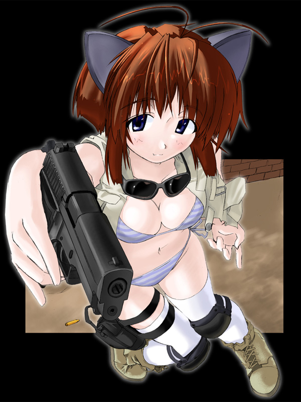 excel (gewalt), original, sig sauer, 1girl, animal ears, blue bra, blue eyes, blue panties, blush, boots, bra, breasts, brown hair, bullet, cat ears, cat girl, cleavage, female focus, gun, handgun, holding, holding gun, holding weapon, holster, jacket, knee pads, medium breasts, panties, pistol, shoes, side-tie panties, sig p228/p229, solo, striped bra, striped clothes, striped panties, sunglasses, thigh holster, thighhighs, trigger discipline, underwear, weapon, white thighhighs