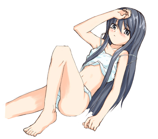 date (senpen), original, 1girl, barefoot, black eyes, black hair, blush, camisole, feet, female focus, grey eyes, leg lift, lingerie, long hair, looking at viewer, lying, navel, off shoulder, on back, panties, solo, strap slip, toes, underwear, very long hair, white panties
