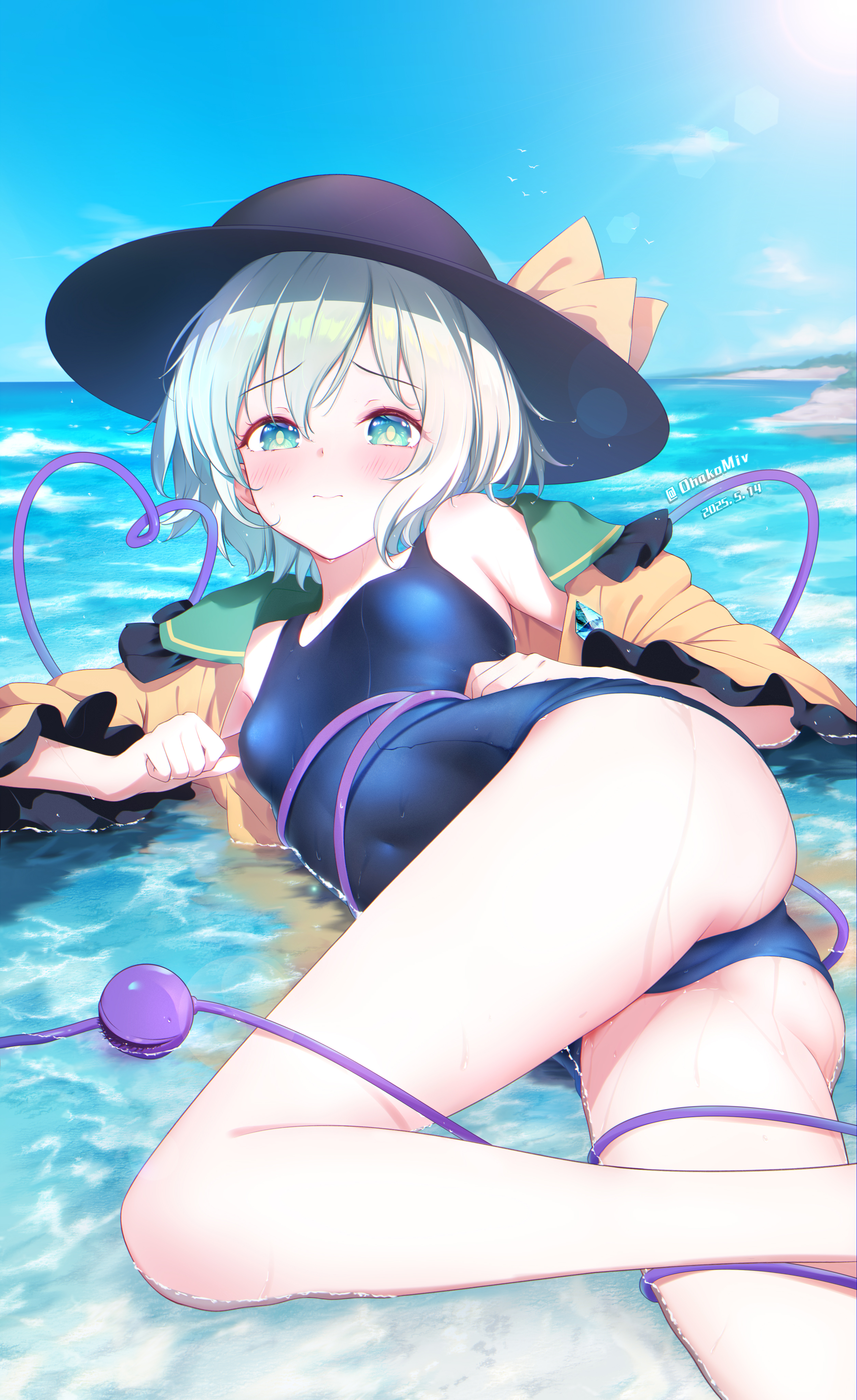ohako miyu, komeiji koishi, touhou, absurdres, commentary request, highres, 1girl, ass, black hair, black one-piece swimsuit, blue sky, breasts, cameltoe, closed mouth, day, green eyes, green hair, long sleeves, looking at viewer, lying, nipples, on side, one-piece swimsuit, open clothes, open shirt, outdoors, pussy, shirt, short hair, sky, small breasts, solo, swimsuit, third eye, water, wet, yellow shirt