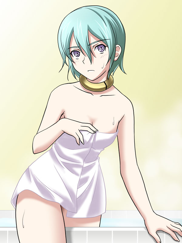 masakichi (crossroad), eureka (eureka seven), eureka seven, eureka seven (series), 00s, 1girl, bath, choker, collar, female focus, green hair, indoors, naked towel, solo, towel, wet