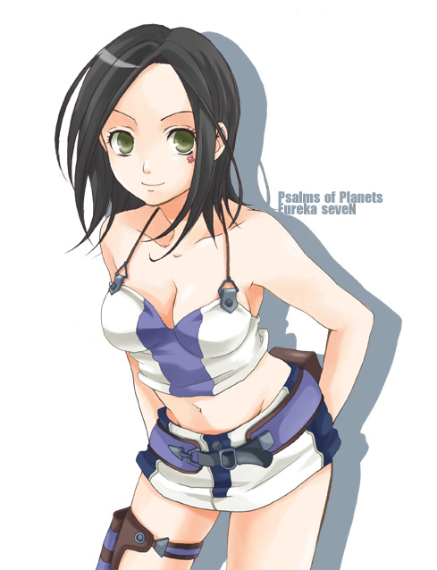 kubyou azami, talho yuuki, eureka seven, eureka seven (series), 00s, 1girl, bare shoulders, belt, black hair, breasts, cleavage, collarbone, female focus, green eyes, groin, hands on own hips, leaning forward, looking at viewer, miniskirt, navel, simple background, skirt, solo, thigh strap, white background