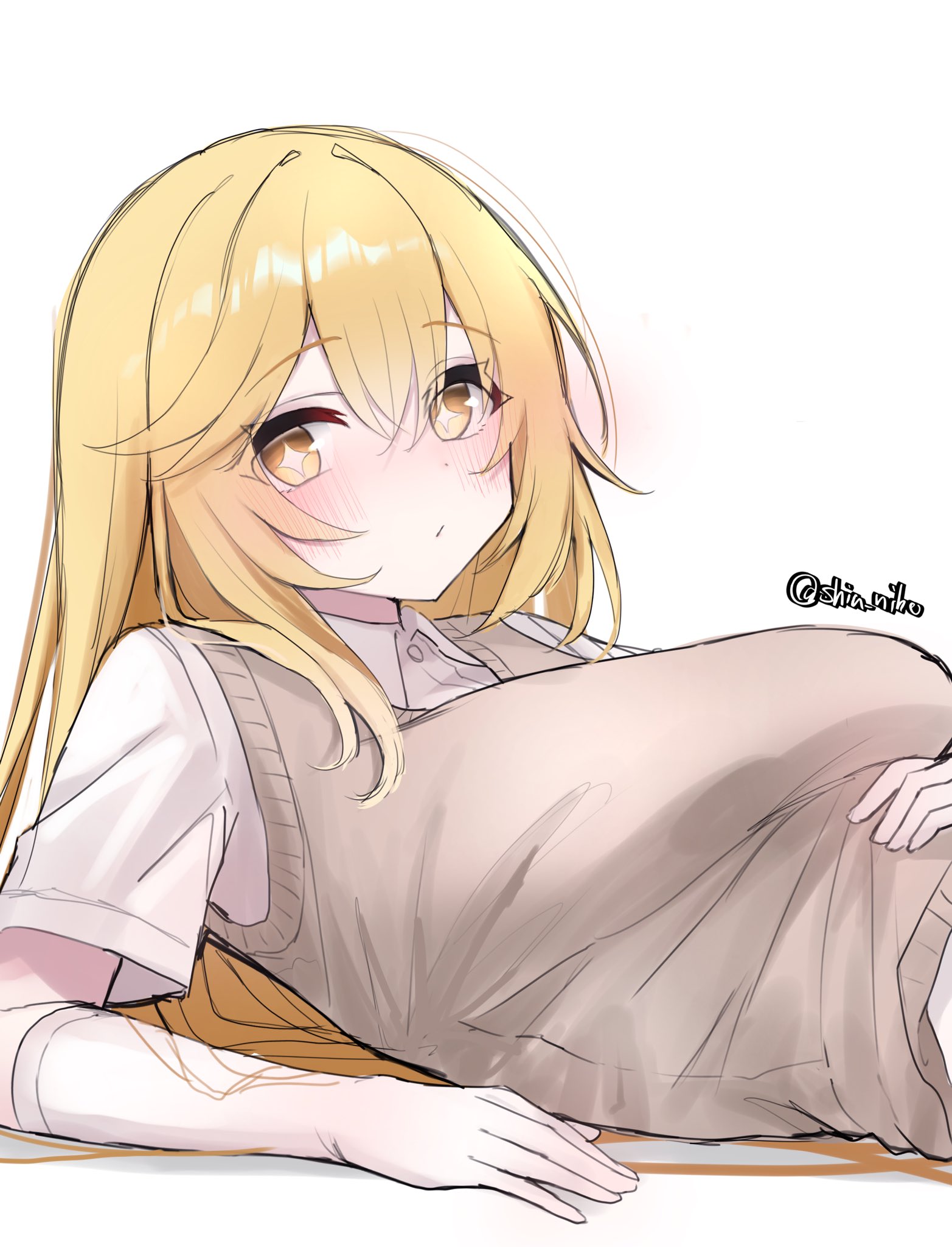 nibo shia, shokuhou misaki, toaru kagaku no mental out, toaru kagaku no railgun, toaru majutsu no index, highres, 1girl, blonde hair, blush, breasts, brown sweater vest, elbow gloves, elbow rest, gloves, hair between eyes, large breasts, long hair, looking at viewer, lying, on back, sagging breasts, school uniform, shirt, short sleeves, solo, sparkling eyes, summer uniform, sweater vest, tokiwadai school uniform, twitter username, v-neck, white background, white gloves, white shirt, yellow eyes