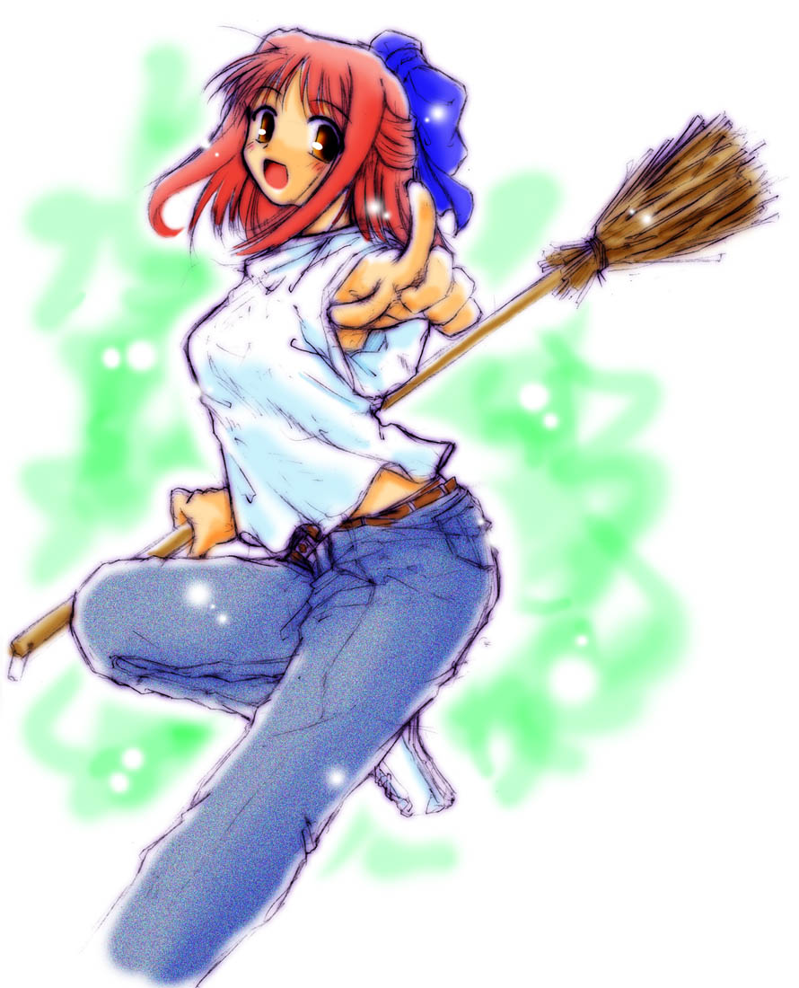 yae shiragi, kohaku (tsukihime), tsukihime, 00s, 1girl, broom, denim, female focus, half updo, jeans, pants, red hair, solo
