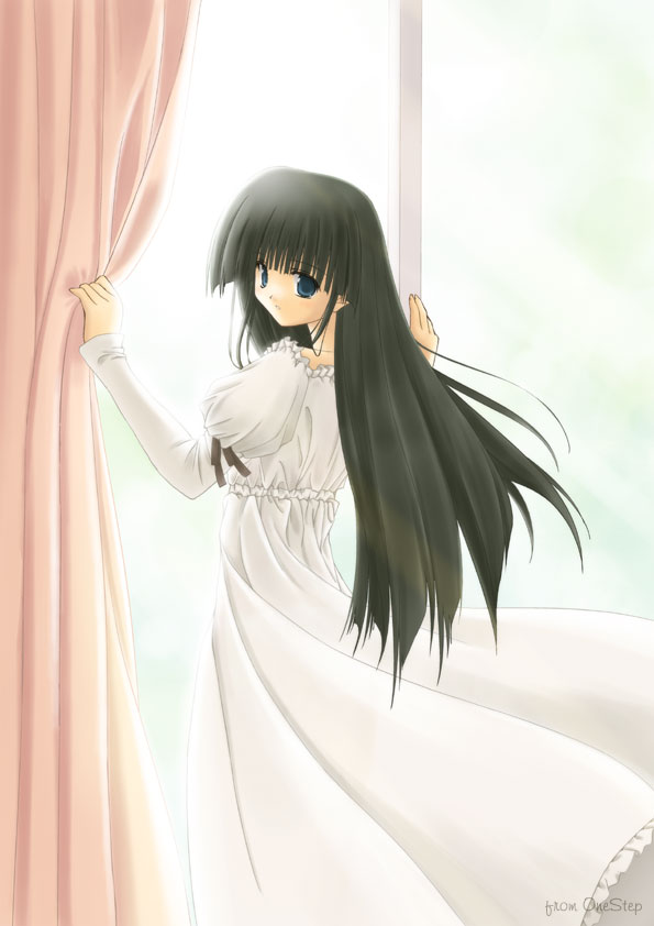 zenzen, zenzen (onestep), hasebe aya, comic party, 00s, 1girl, black hair, blue eyes, curtains, dress, female focus, from behind, long hair, looking back, solo, very long hair, white dress, window