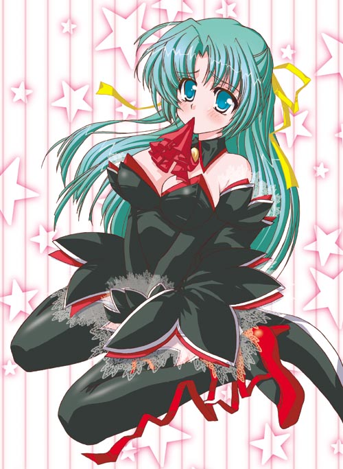 gussan, sonozaki shion, higurashi no naku koro ni, 00s, 1girl, angel mort, black thighhighs, breasts, cleavage, detached collar, female focus, full body, half updo, red shoes, shoes, solo, star (symbol), star symbol background, thighhighs