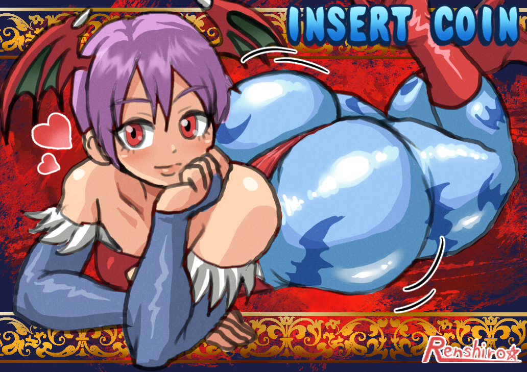 tonshirou (christar), lilith (darkstalkers), darkstalkers, 1girl, ass, bare shoulders, blue pantyhose, boots, breasts, bridal gauntlets, closed mouth, demon wings, head wings, heart, huge ass, leotard, lying, on stomach, pantyhose, purple hair, red boots, red eyes, red leotard, short hair, small breasts, solo, thong leotard, wings