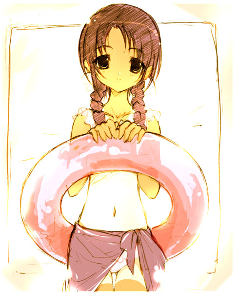 fujiwara warawara, momiji mao, maria-sama ga miteru, 00s, 1girl, bikini, braid, brown hair, female focus, innertube, looking at viewer, navel, one-piece tan, sarong, sketch, solo, swim ring, swimsuit, tan, tanline, twin braids, yellow bikini
