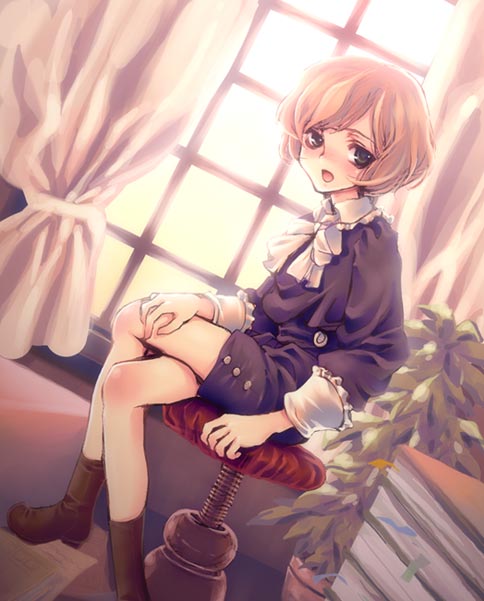 torazou, original, gender request, androgynous, blonde hair, book, boots, crossed legs, green eyes, lace, open mouth, short hair, shorts, sitting, solo, window