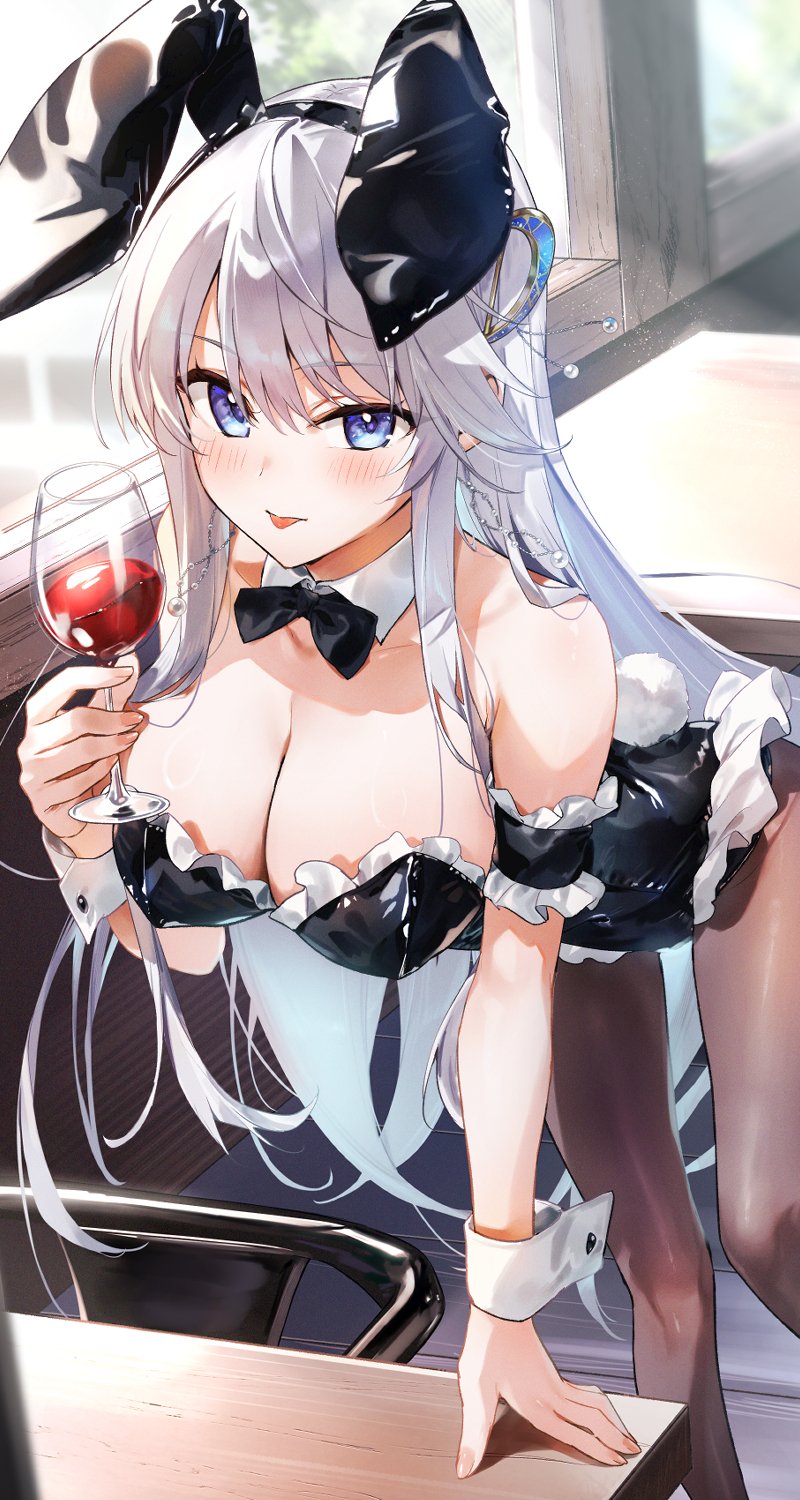 kasumi komo, original, highres, 1girl, alcohol, animal ears, bare shoulders, black bow, black bowtie, black leotard, blue eyes, blush, bow, bowtie, breasts, cleavage, closed mouth, collarbone, cup, desk, detached collar, drinking glass, fake animal ears, glass, hair between eyes, hair ornament, indoors, large breasts, leotard, long hair, looking at viewer, pantyhose, playboy bunny, rabbit ears, rabbit tail, red wine, school desk, smile, solo, tail, tongue, tongue out, white hair, wine, wine glass, wrist cuffs