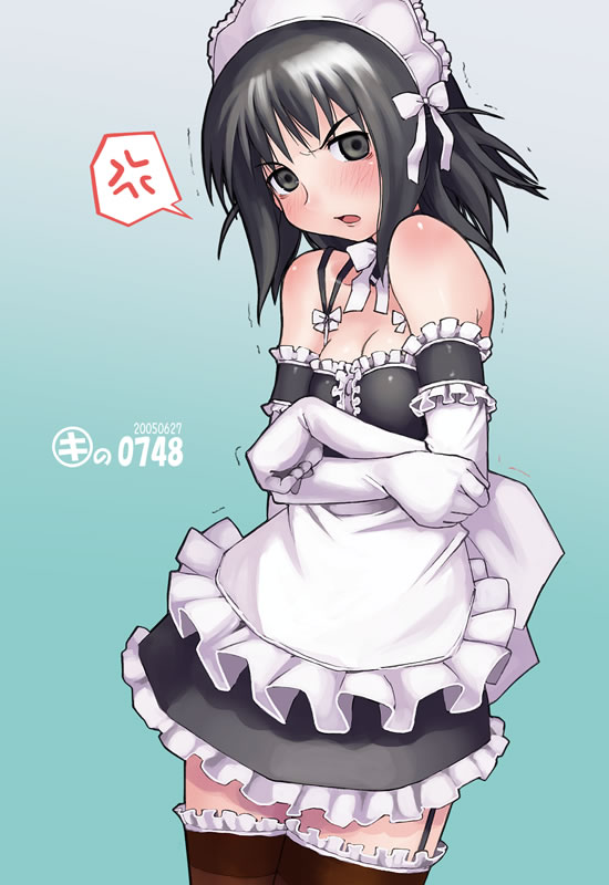 kei jiei, ogiue chika, genshiken, kore ga watashi no goshujin-sama, 1girl, 2005, alternate costume, anger vein, apron, arm garter, bare shoulders, black eyes, black hair, black thighhighs, blush, bonnet, bow, breasts, brown thighhighs, cosplay, cowboy shot, crossover, dated, detached collar, elbow gloves, embarrassed, enmaided, female focus, frilled thighhighs, frills, garter straps, gloves, gradient background, long hair, looking at viewer, maid, maid headdress, nakabayashi yoshitaka's maid uniform, parody, ribbon, simple background, small breasts, solo, spoken anger vein, standing, suspenders, thighhighs, trembling, waist apron, zettai ryouiki