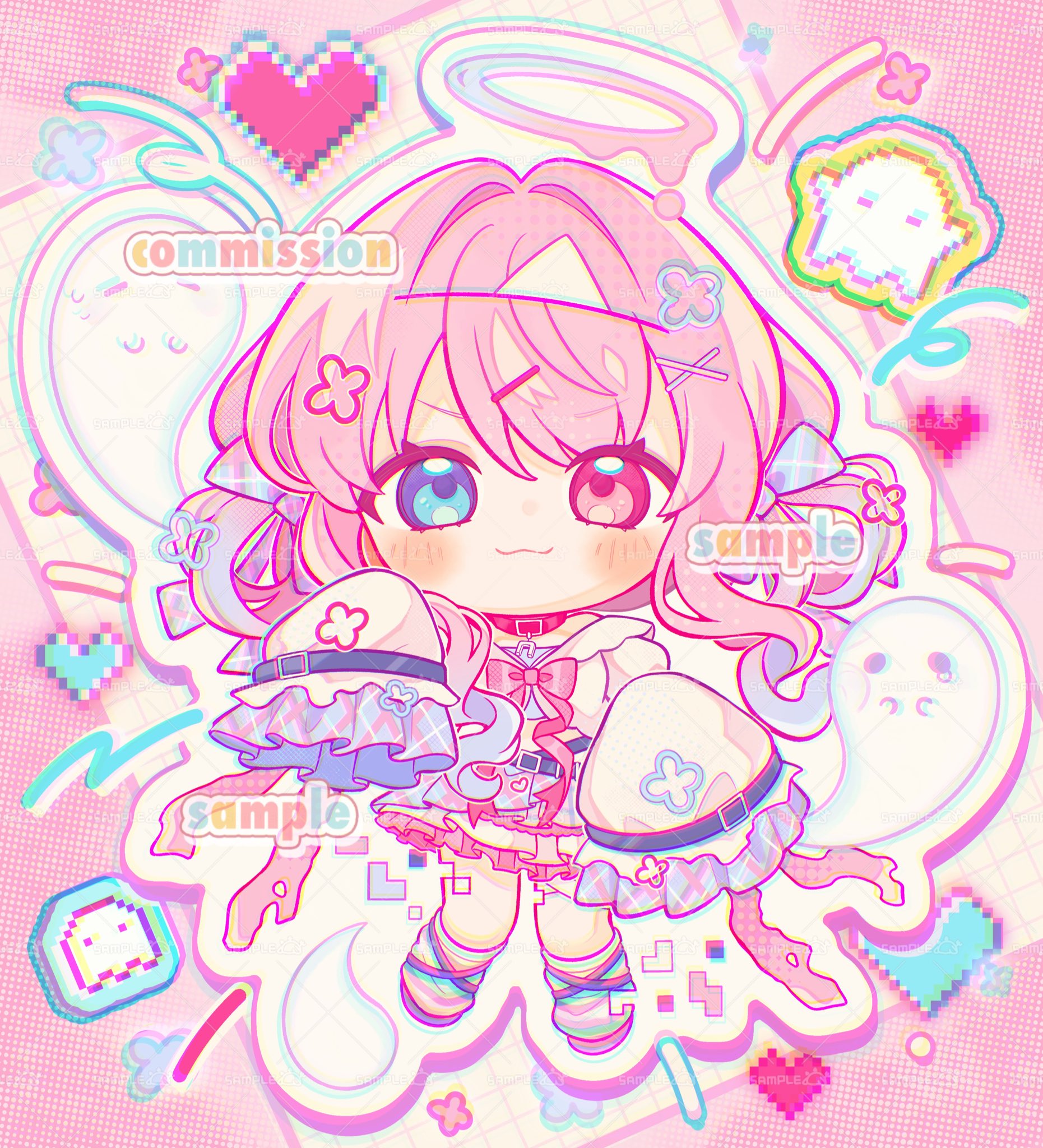 inomo (qimoshu), original, commentary, commission, hashtag-only commentary, highres, 1girl, :3, blue eyes, blush, bow, bowtie, chibi, chibi only, choker, closed mouth, frilled skirt, frilled sleeves, frills, full body, halo, heart, heterochromia, long hair, long sleeves, looking at viewer, outline, pink bow, pink bowtie, pink choker, pink eyes, pink hair, pink halo, pink shoes, pink skirt, sample watermark, shirt, shoes, skirt, sleeves past fingers, sleeves past wrists, smile, socks, solo, watermark, watermark grid, white outline, white shirt, white socks