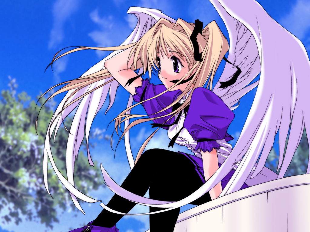 uduki, shitenno uzuki, happy lesson, 00s, 1girl, black pantyhose, blonde hair, cloud, day, female focus, hair intakes, light smile, long hair, outdoors, pantyhose, purple eyes, sky, solo, tree, twintails, wind, wings