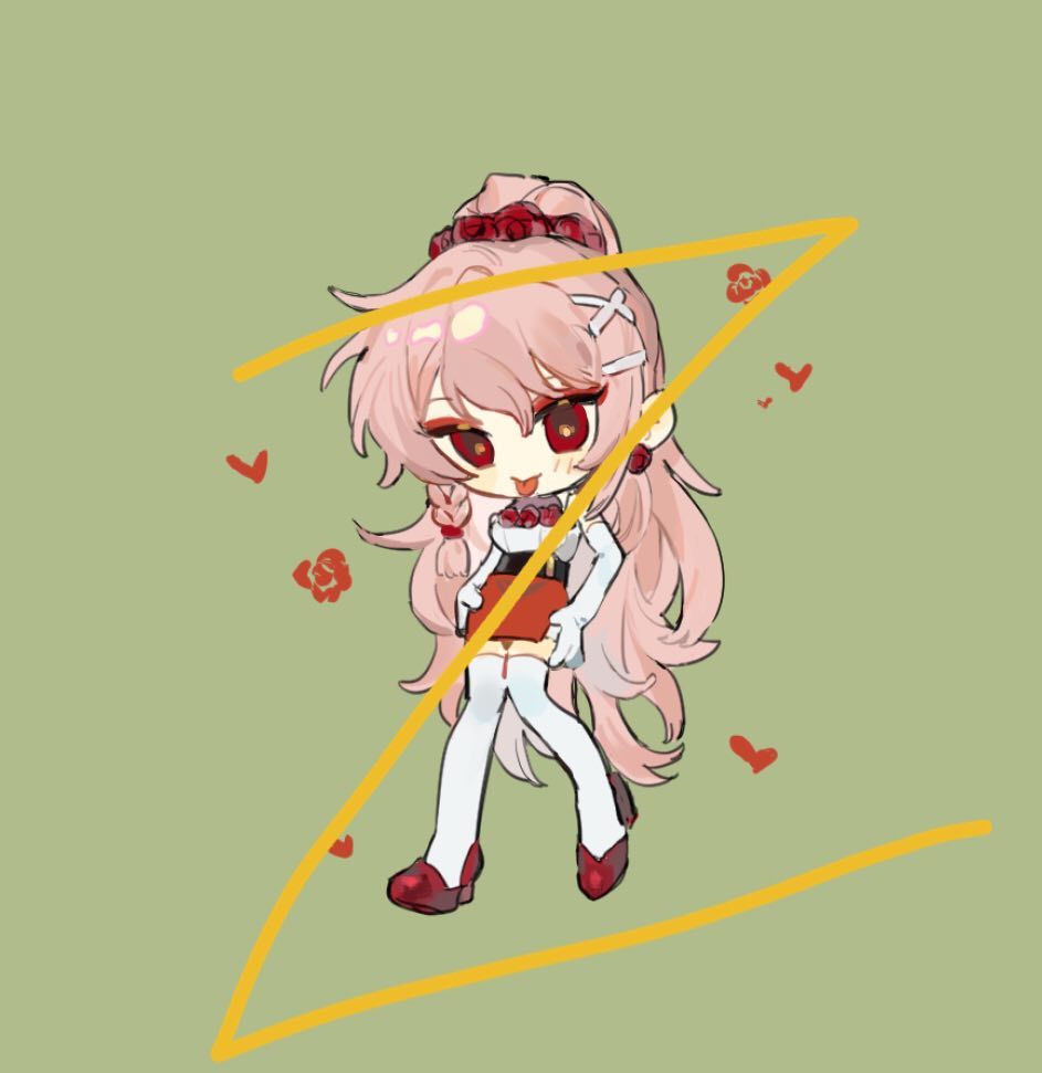 qyzhiaiyisheng, original, 1girl, chibi, chibi only, elbow gloves, flower, full body, gloves, green background, hair behind ear, hair between eyes, hair flower, hair ornament, heart, high ponytail, long hair, pink hair, ponytail, red eyes, red flower, red rose, red shoes, red skirt, rose, shoes, skirt, solo, thighhighs, tongue, tongue out, very long hair, white gloves, white thighhighs