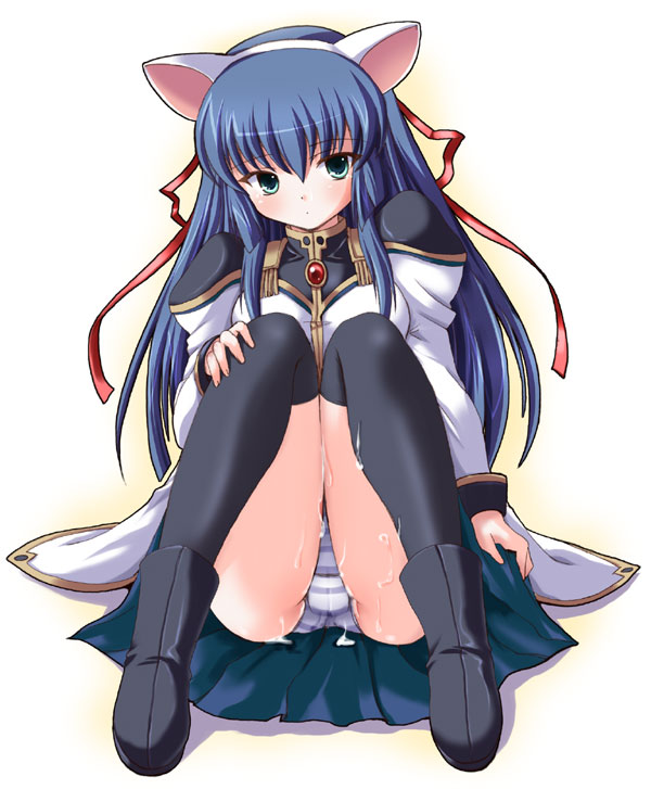 shinshin, karasuma chitose, broccoli (company), galaxy angel, jpeg artifacts, 00s, 1girl, animal ears, black thighhighs, blue hair, blue panties, boots, cat ears, cum, cum on body, cum on lower body, dress, fake animal ears, female focus, panties, pantyshot, ribbon, sitting, solo, striped clothes, striped panties, thighhighs, underwear