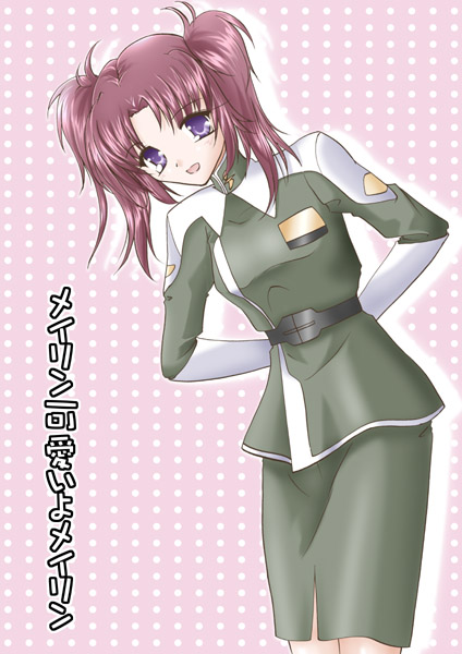 earl-shirokneeso, meyrin hawke, gundam, gundam seed, gundam seed destiny, 00s, 1girl, belt, female focus, leaning, military, military uniform, open mouth, pencil skirt, pink hair, polka dot, polka dot background, purple eyes, skirt, solo, twintails