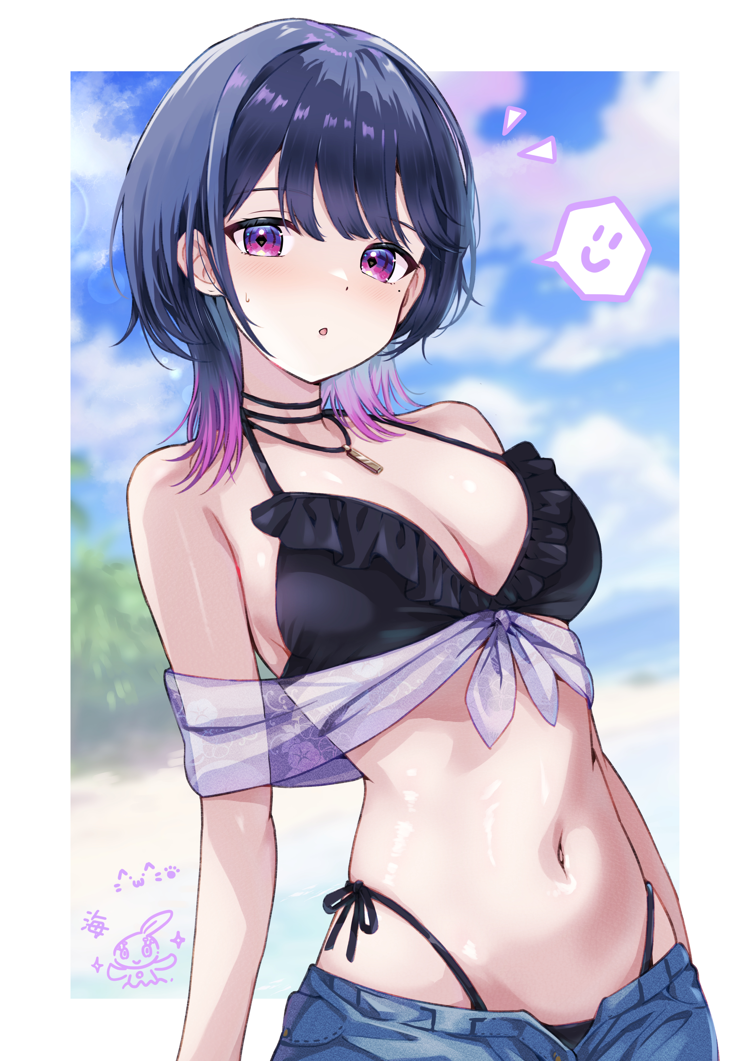 cagasyo, koshimizu toru, nijisanji, absurdres, highres, 1girl, beach, bikini, black bikini, black hair, blurry, blurry background, blush, breasts, cleavage, gradient hair, jewelry, medium breasts, midriff, mole, mole under eye, multicolored hair, navel, necklace, parted lips, purple eyes, purple hair, short hair, shorts, solo, string bikini, swimsuit, virtual youtuber, wolf cut