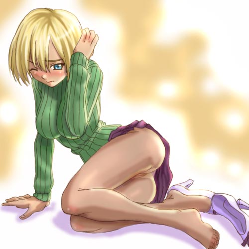 haruyama kazunori, wendy earhart, r.o.d the tv, read or die, lowres, 00s, 1girl, arm support, ass, blonde hair, blue eyes, blush, breasts, brown pantyhose, feet, female focus, full body, green shirt, high heels, impossible clothes, large breasts, miniskirt, no panties, one eye closed, pantyhose, plantar flexion, pussy, shirt, shoes, short hair, single shoe, sitting, skirt, solo, sweater, uncensored, upskirt, wink, yokozuwari