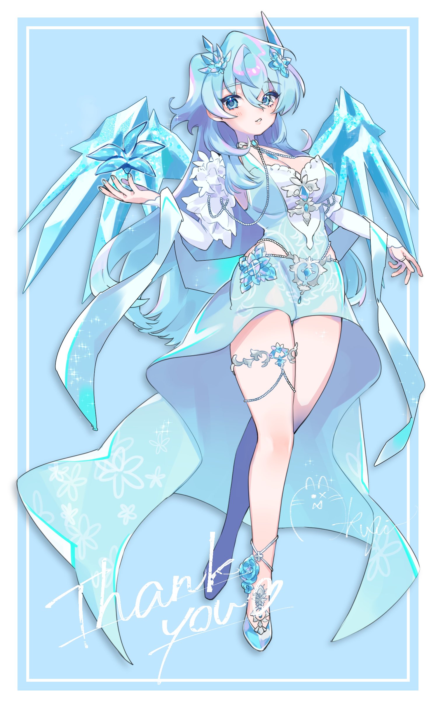 akubimtcat, indie virtual youtuber, absurdres, commentary, english commentary, highres, second-party source, 1girl, blue background, blue dress, blue eyes, blue gemstone, blue hair, blue shoes, blue wings, border, breasts, crossed bangs, dress, flower, full body, gem, hair between eyes, hair ornament, hand up, high-low dress, holding, holding flower, ice, ice flower, ice wings, icylilia, jewelry, large breasts, legs, long hair, long sleeves, looking at viewer, outside border, parted lips, ring, shoes, solo, thank you, thigh strap, virtual youtuber, white border, wings
