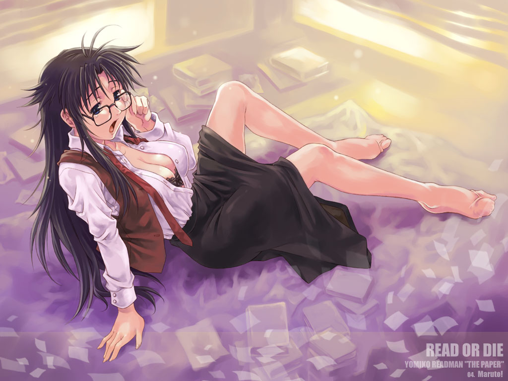maruto!, yomiko readman, read or die, 00s, 1girl, arm support, black bra, black hair, blouse, blue eyes, bra, breasts, cleavage, feet, female focus, glasses, large breasts, lingerie, long hair, lying, naughty face, necktie, no shoes, on back, open clothes, open mouth, open shirt, pantyhose, red necktie, see-through clothes, see-through legwear, shirt, skirt, sleepy, solo, underwear, undone necktie, yawning