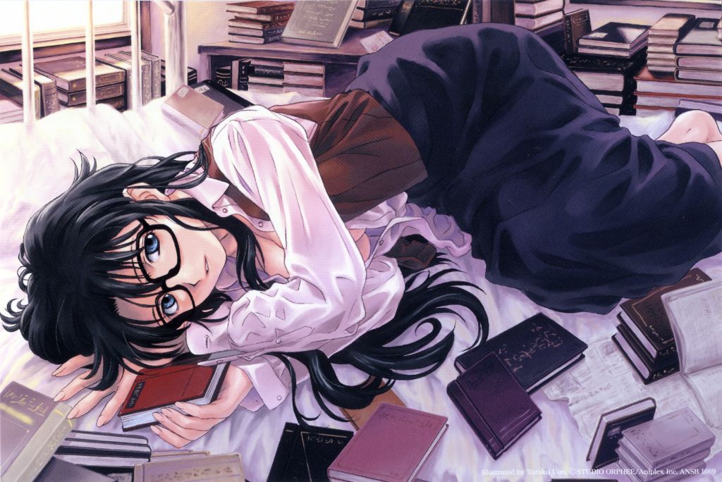 uon taraku, yomiko readman, read or die, bed, black hair, blue eyes, book, breasts, glasses, long hair, lying, open clothes, open shirt, underboob