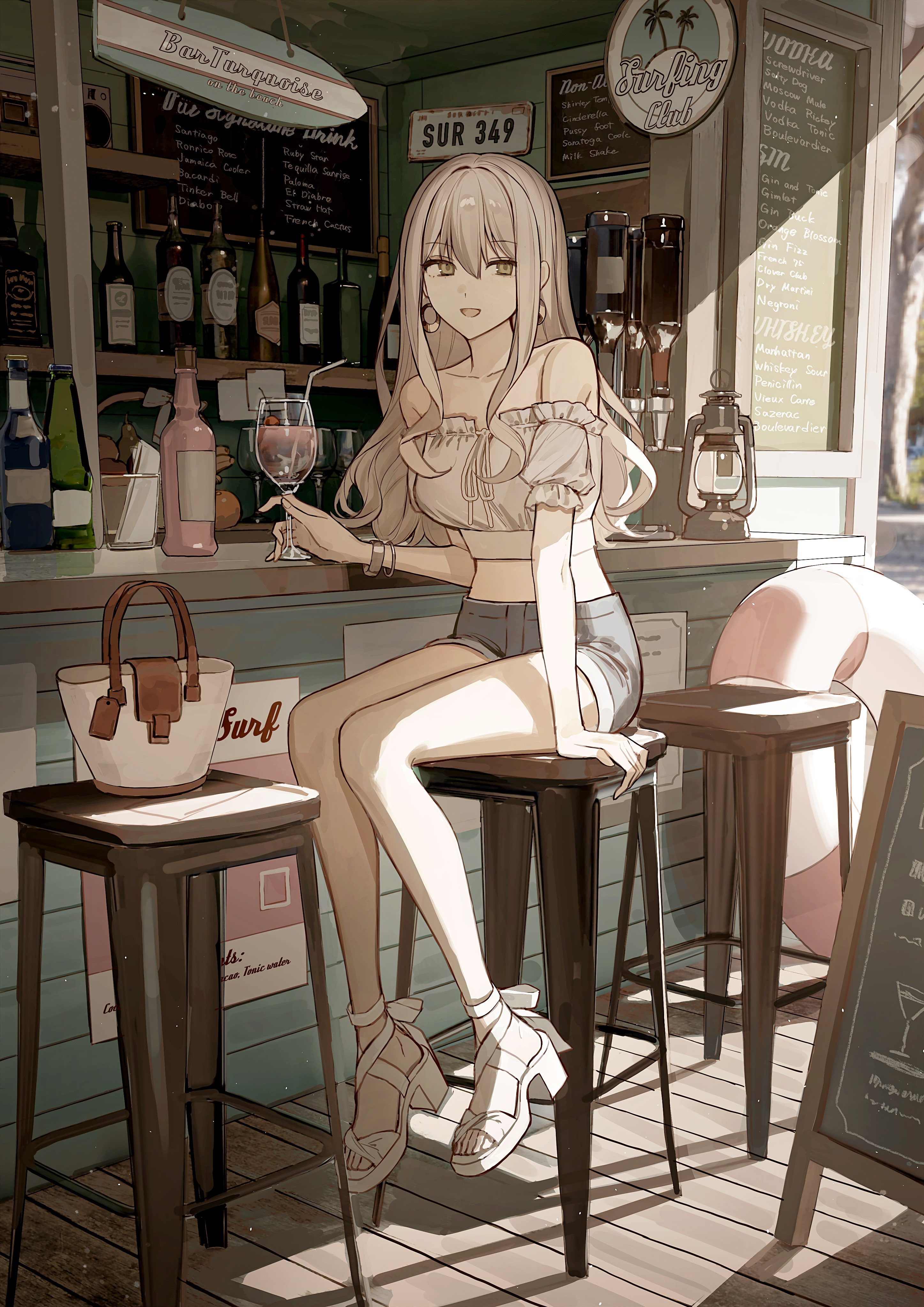 tamitami, original, absurdres, highres, 1girl, bag, bar (place), bar stool, bare shoulders, bracelet, breasts, brown eyes, collarbone, crop top, cropped shirt, cup, denim, denim shorts, drinking straw, earrings, glass, hair between eyes, high heel sandals, indoors, innertube, jewelry, long hair, looking at viewer, midriff, on stool, open mouth, sandals, shirt, shorts, sitting, smile, solo, stool, swim ring, white hair, white shirt
