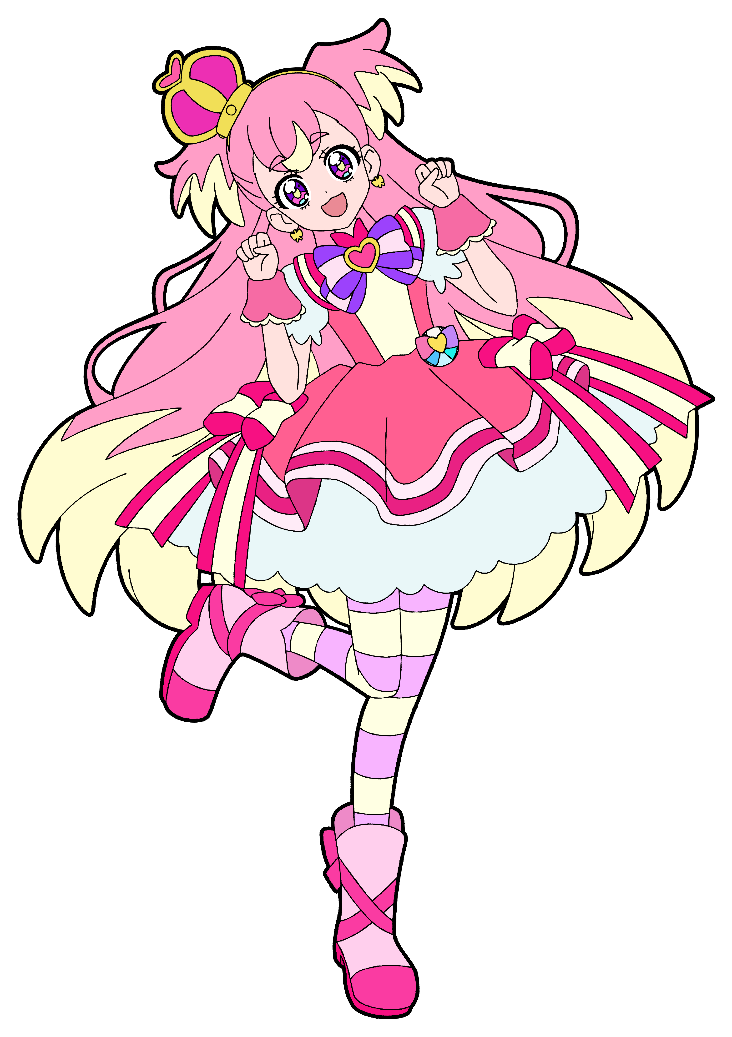 masami 01st, cure wonderful, inukai komugi, precure, wonderful precure!, absurdres, commentary, highres, 1girl, :3, :d, arched crown, boots, bow, bow earrings, bright pupils, brooch, capelet, chest bow, clenched hands, crown, dot nose, dress, dress bow, earrings, frilled wrist cuffs, frills, full body, gold hairband, hairband, hands up, head tilt, heart, heart brooch, jewelry, leg up, long hair, looking at viewer, mini crown, multicolored hair, multicolored pantyhose, open mouth, pact holder, pantyhose, paw pose, petticoat, pink boots, pink bow, pink capelet, pink crown, pink dress, pink hair, pink pantyhose, pink theme, pink wrist cuffs, pouch, puffy short sleeves, puffy sleeves, purple bow, purple eyes, short dress, short sleeves, smile, solo, standing, standing on one leg, streaked hair, striped bow, striped clothes, striped pantyhose, tilted headwear, two-tone hair, two-tone pantyhose, two side up, very long hair, white background, white petticoat, wonderful pact, wrist cuffs, yellow pantyhose, yellow pupils