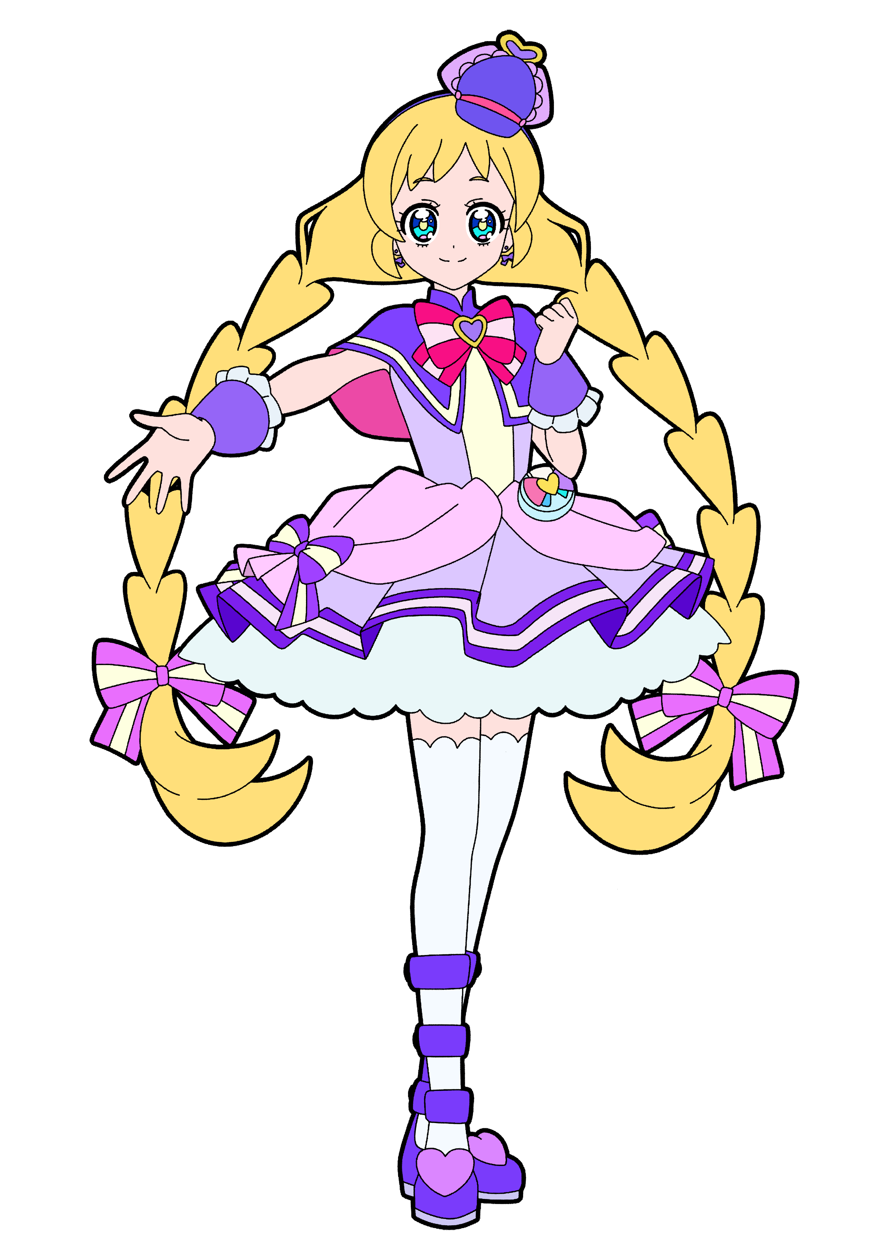 masami 01st, cure friendy, inukai iroha, precure, wonderful precure!, absurdres, commentary, highres, 1girl, blonde hair, blue eyes, bow, braid, bright pupils, brooch, capelet, chest bow, closed mouth, deerstalker, dot nose, dress, dress bow, earrings, frilled wrist cuffs, frills, full body, hair bow, hairband, hand up, hat, hat ornament, heart, heart brooch, heart hat ornament, jewelry, legs together, long hair, looking at viewer, low-tied long hair, low twin braids, magical girl, multicolored bow, outstretched hand, pact holder, petticoat, pink bow, pouch, purple bow, purple dress, purple hairband, purple hat, purple shoes, purple wrist cuffs, shoes, simple background, sleeveless, sleeveless dress, smile, solo, split mouth, standing, striped bow, thighhighs, tilted headwear, twin braids, very long hair, white background, white petticoat, white thighhighs, wonderful pact, wrist cuffs, yellow pupils, zettai ryouiki