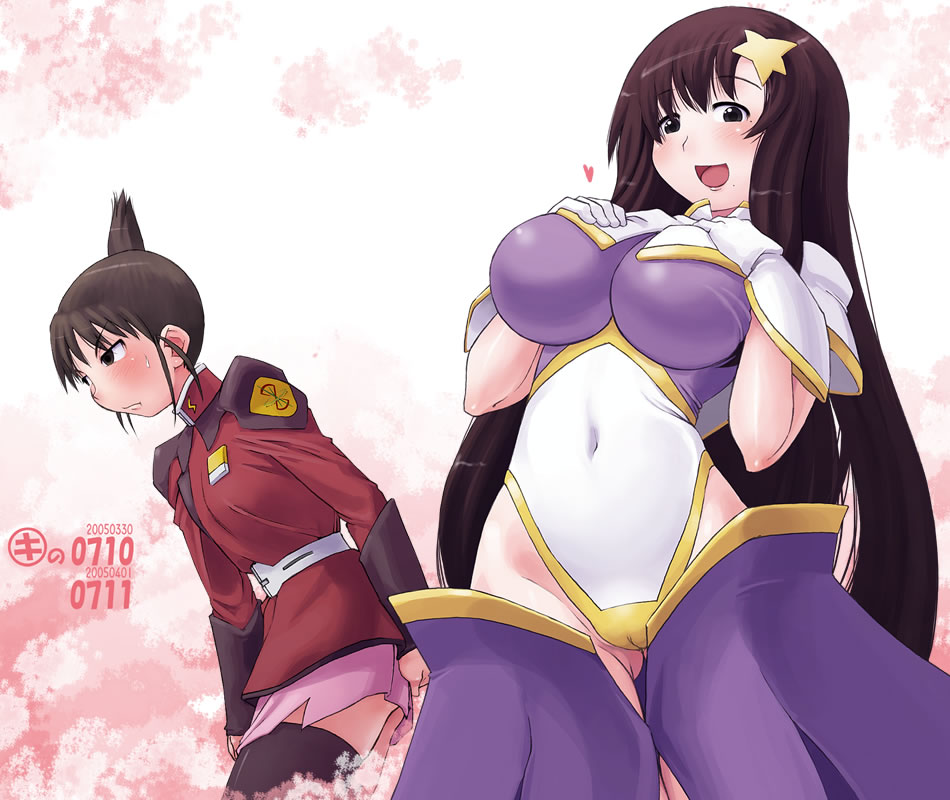 kei jiei, lunamaria hawke, meer campbell, ogiue chika, oono kanako, genshiken, gundam, gundam seed, gundam seed destiny, 2girls, breasts, cameltoe, cosplay, hair ornament, highleg, large breasts, leotard, lunamaria hawke (cosplay), meer campbell (cosplay), mole, mole under eye, multiple girls, star (symbol), star hair ornament, thighhighs