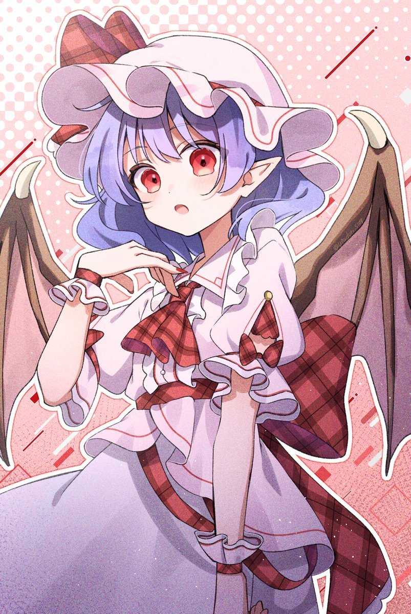 gagaku kawa rei, remilia scarlet, touhou, highres, 1girl, ascot, bat wings, blue hair, bow, dot nose, feet out of frame, halftone, halftone background, hat, hat bow, light blush, looking at viewer, mob cap, open mouth, pink shirt, pink skirt, plaid ascot, plaid bow, plaid clothes, pointy ears, puffy short sleeves, puffy sleeves, red ascot, red bow, red eyes, ribbon, shirt, short hair, short sleeves, skirt, solo, wings