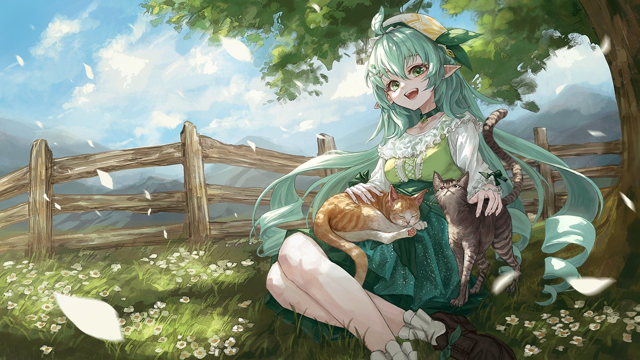 endroll00, original, commission, skeb commission, 1girl, blue sky, brown shoes, cat, cloud, collarbone, falling petals, fence, frilled shirt, frills, green eyes, green hair, green skirt, hat, long hair, looking at viewer, open mouth, outdoors, petals, pointy ears, shirt, shoes, sitting, skirt, sky, solo, thighs, white hat