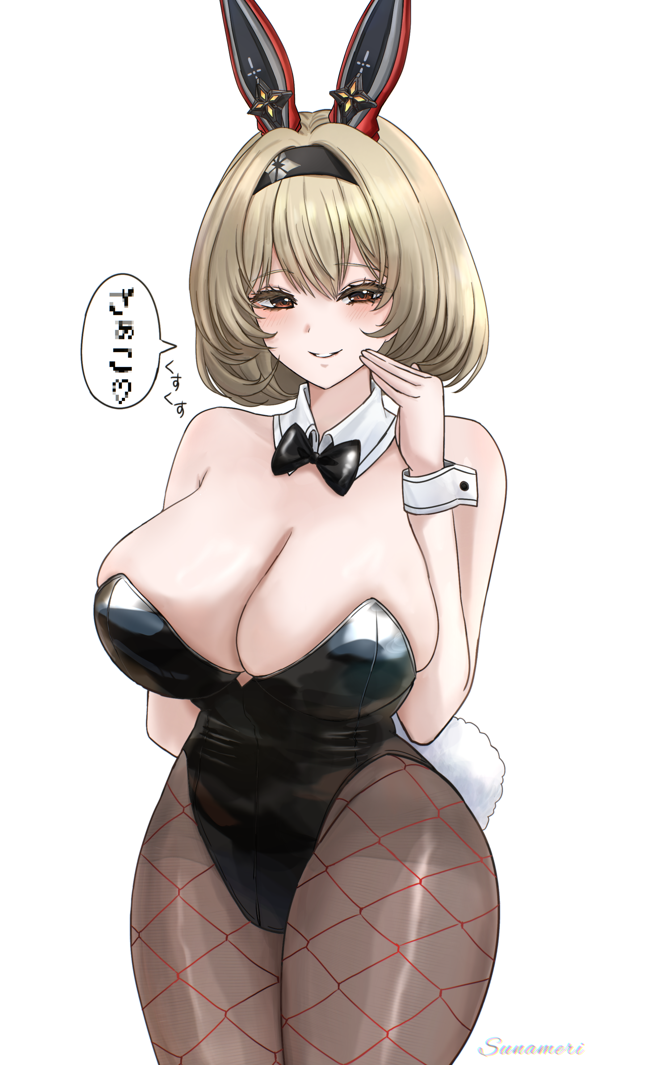 sunameri (pixiv3564245), red shoes (nikke), goddess of victory: nikke, absurdres, commentary request, highres, translation request, 1girl, alternate costume, animal ears, bare shoulders, black bow, black bowtie, black leotard, black pantyhose, bow, bowtie, breasts, brown hair, cleavage, collar, detached collar, fake animal ears, fake tail, fishnet pantyhose, fishnets, huge breasts, leotard, looking at viewer, orange eyes, pantyhose, playboy bunny, rabbit ears, rabbit tail, short hair, simple background, smile, solo, speech bubble, tail, white background, white collar, wrist cuffs