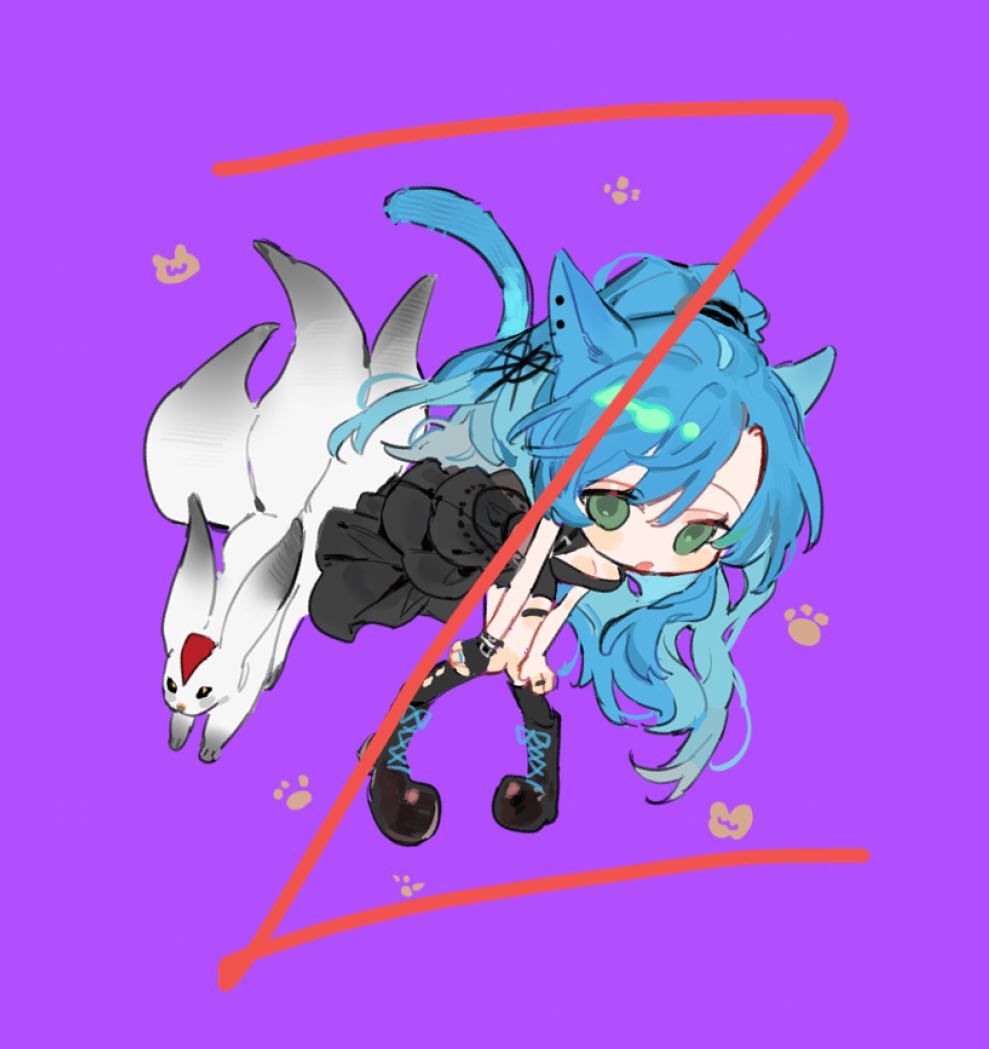 qyzhiaiyisheng, original, 1girl, animal, animal ears, black boots, black dress, blue hair, boots, breasts, cat ears, cat girl, chibi, chibi only, cleavage, dress, frilled dress, frills, full body, green eyes, hair between eyes, hands on own knees, high ponytail, knee boots, lace-up boots, long hair, open mouth, paw print, ponytail, purple background, solo, tail, very long hair