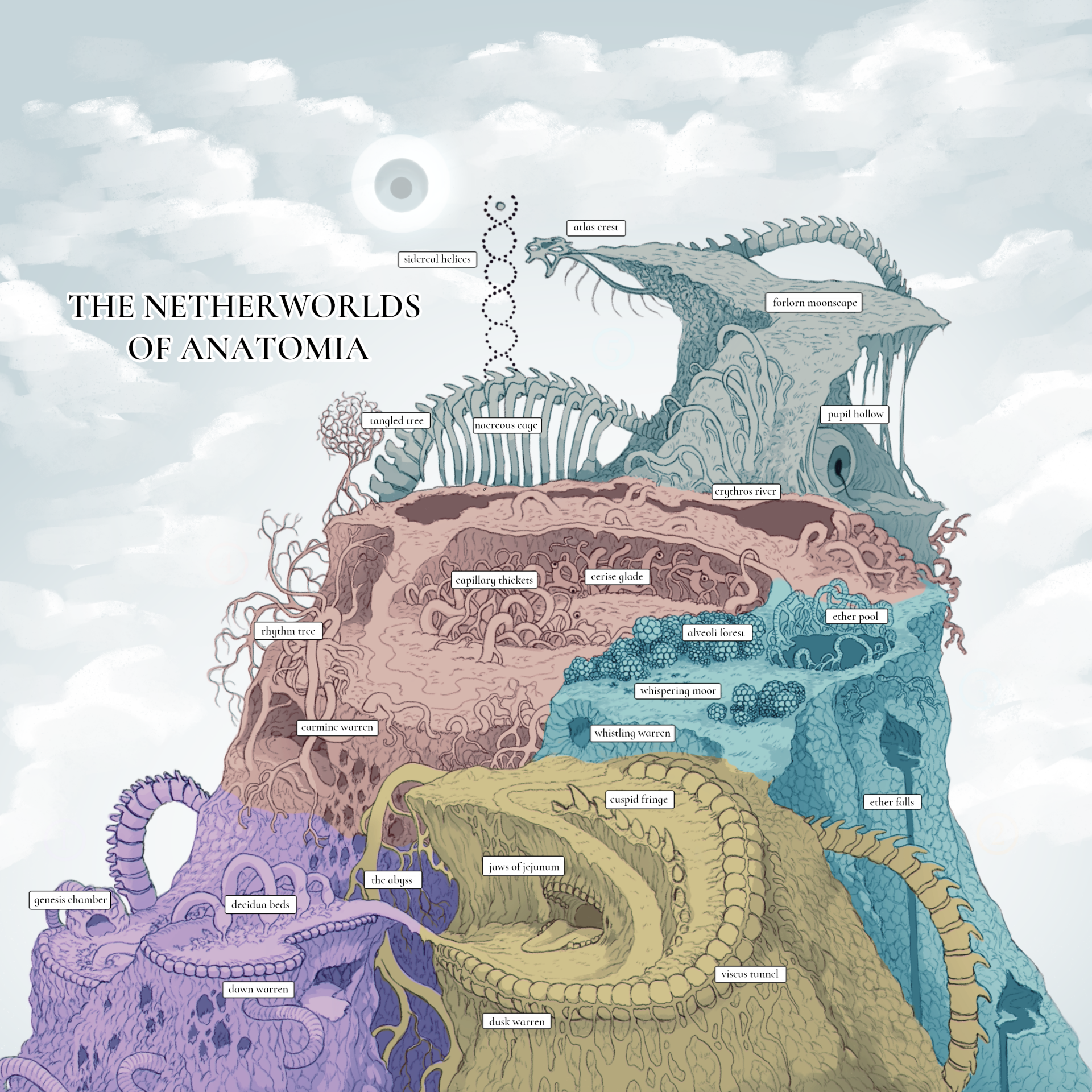 jejejunum, original, highres, anatomy, bone, cloud, english text, eyeball, landscape, map, mountain, no humans, plant, skeleton, sky, tree