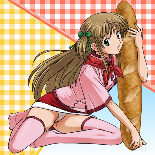 haruyama kazunori, azusagawa tsukino, yakitate!! japan, lowres, 00s, 1girl, baguette, bow, bread, brown hair, female focus, food, green eyes, hair bow, hair ribbon, long hair, looking at viewer, panties, pantyshot, pink shirt, pink thighhighs, ribbon, shirt, sitting, solo, thighhighs, underwear, white panties