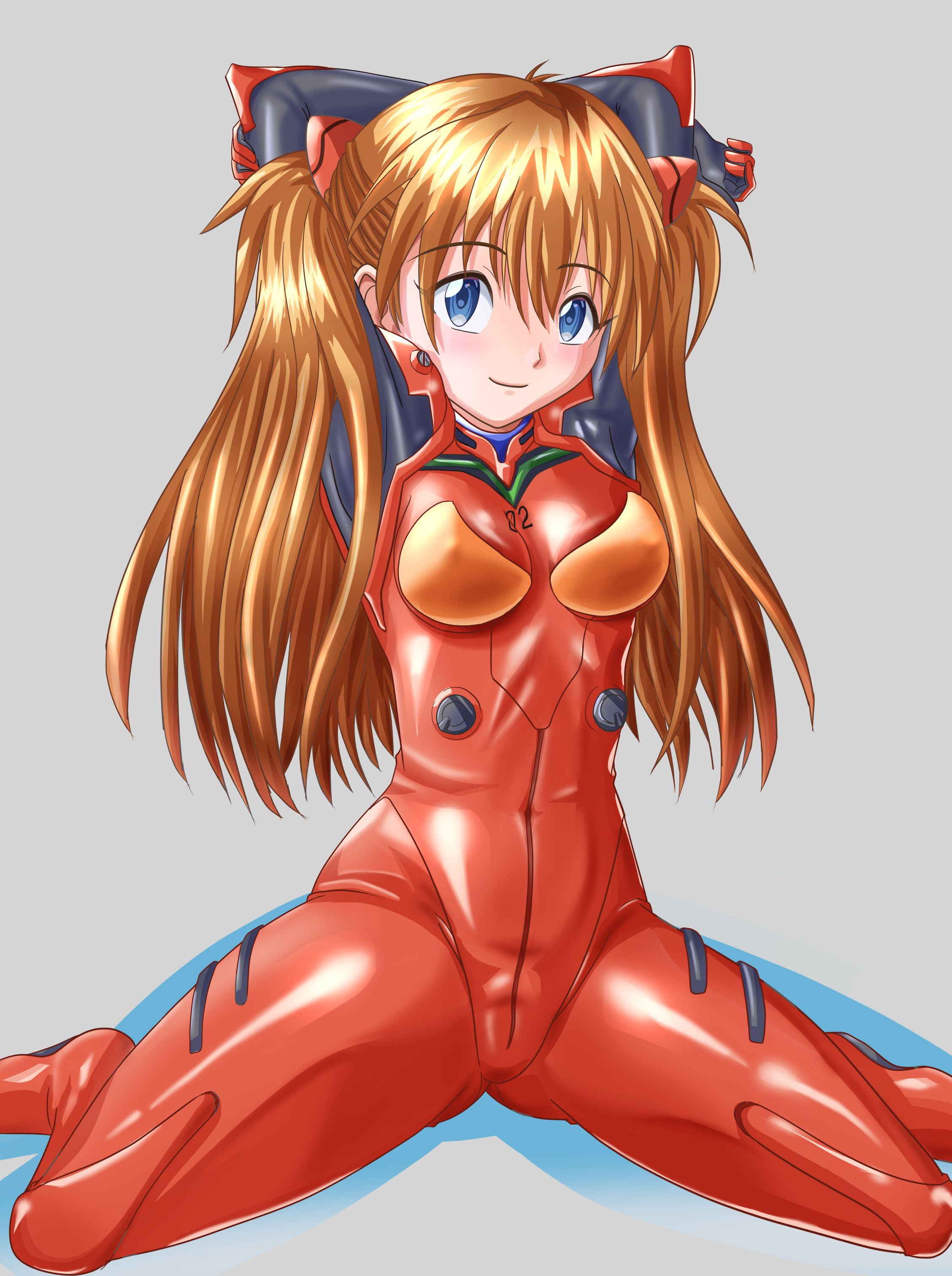 souryuu asuka langley, neon genesis evangelion, absurdres, artist request, highres, 1girl, blue eyes, blush, bodysuit, breasts, covered erect nipples, grey background, long hair, looking at viewer, mecha pilot suit, medium breasts, orange hair, plugsuit (evangelion), red bodysuit, simple background, smile, solo