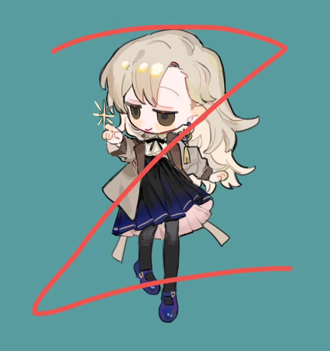 qyzhiaiyisheng, original, 1girl, black pantyhose, blonde hair, chibi, chibi only, dress, earrings, full body, green background, hair between eyes, holding, jacket, jewelry, long hair, long sleeves, mary janes, neck ribbon, open clothes, open jacket, pantyhose, pleated skirt, ribbon, shoes, simple background, skirt, smile, solo