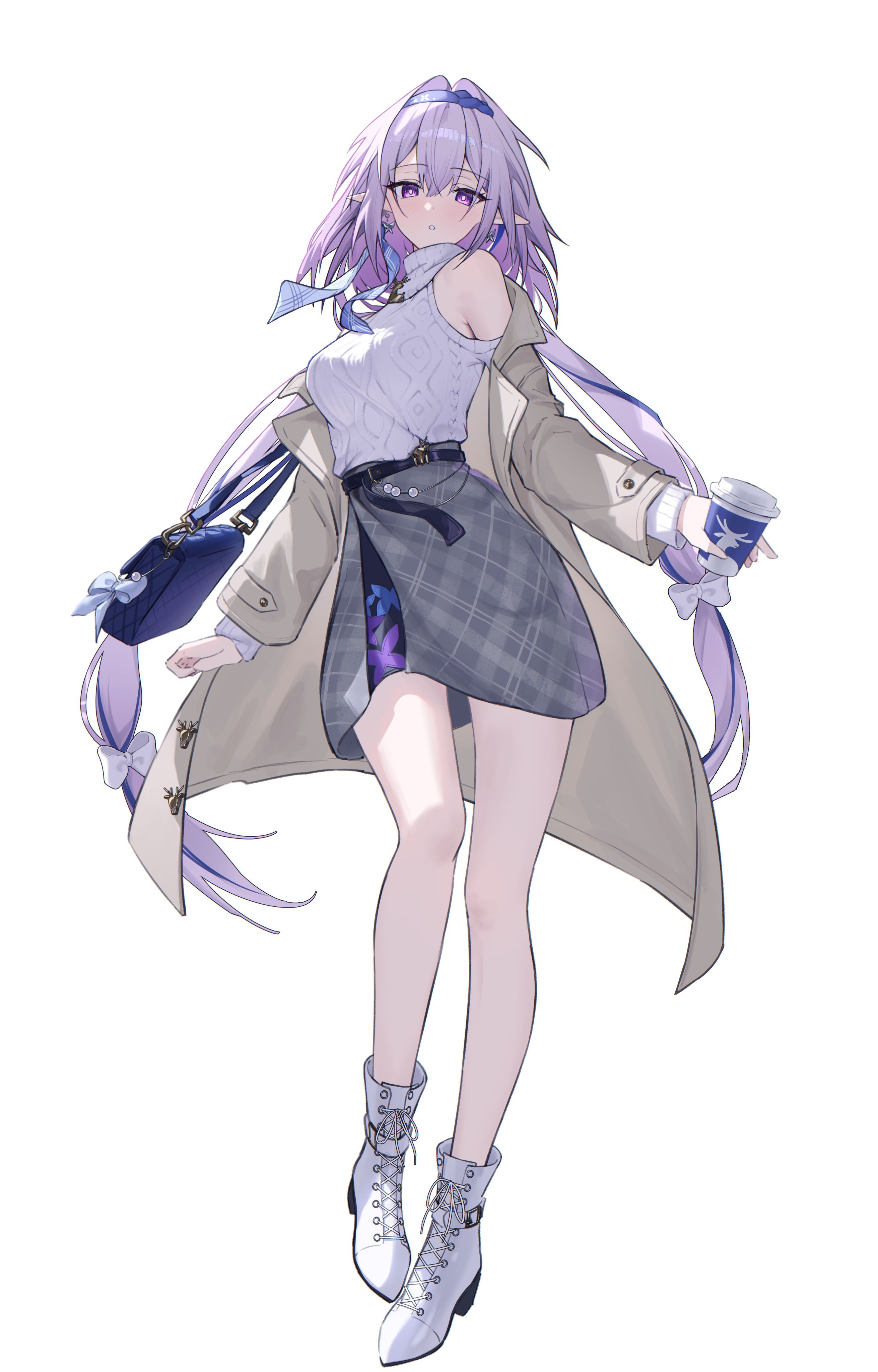 sasa (sasa ekakiman), castorice (honkai: star rail), honkai: star rail, honkai (series), absurdres, highres, 1girl, bag, bare shoulders, belt, black belt, blue hairband, boots, bow, castorice (luckin coffee) (honkai: star rail), clothing cutout, coat, cup, disposable cup, earrings, full body, hair bow, hairband, high heel boots, high heels, holding, holding cup, jewelry, long hair, long sleeves, looking at viewer, official alternate costume, open clothes, open coat, parted lips, pointy ears, purple hair, shoulder bag, shoulder cutout, simple background, skirt, solo, standing, sweater, turtleneck, very long hair, white background, white boots, white bow