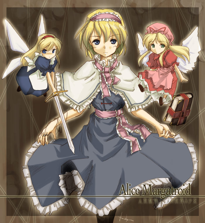 akiyama nenehisa, alice margatroid, hourai doll, shanghai doll, touhou, 1girl, blonde hair, blue eyes, book, fairy, female focus, green eyes, hairband, headband, solo, sword, weapon, wings