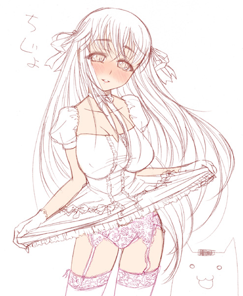 takanashi, arin (pangya), pangya, lace-trimmed legwear, clothes lift, garter belt, lace, lace-trimmed panties, lace trim, lifting own clothes, lingerie, panties, skirt, skirt lift, solo, thighhighs, underwear, white thighhighs