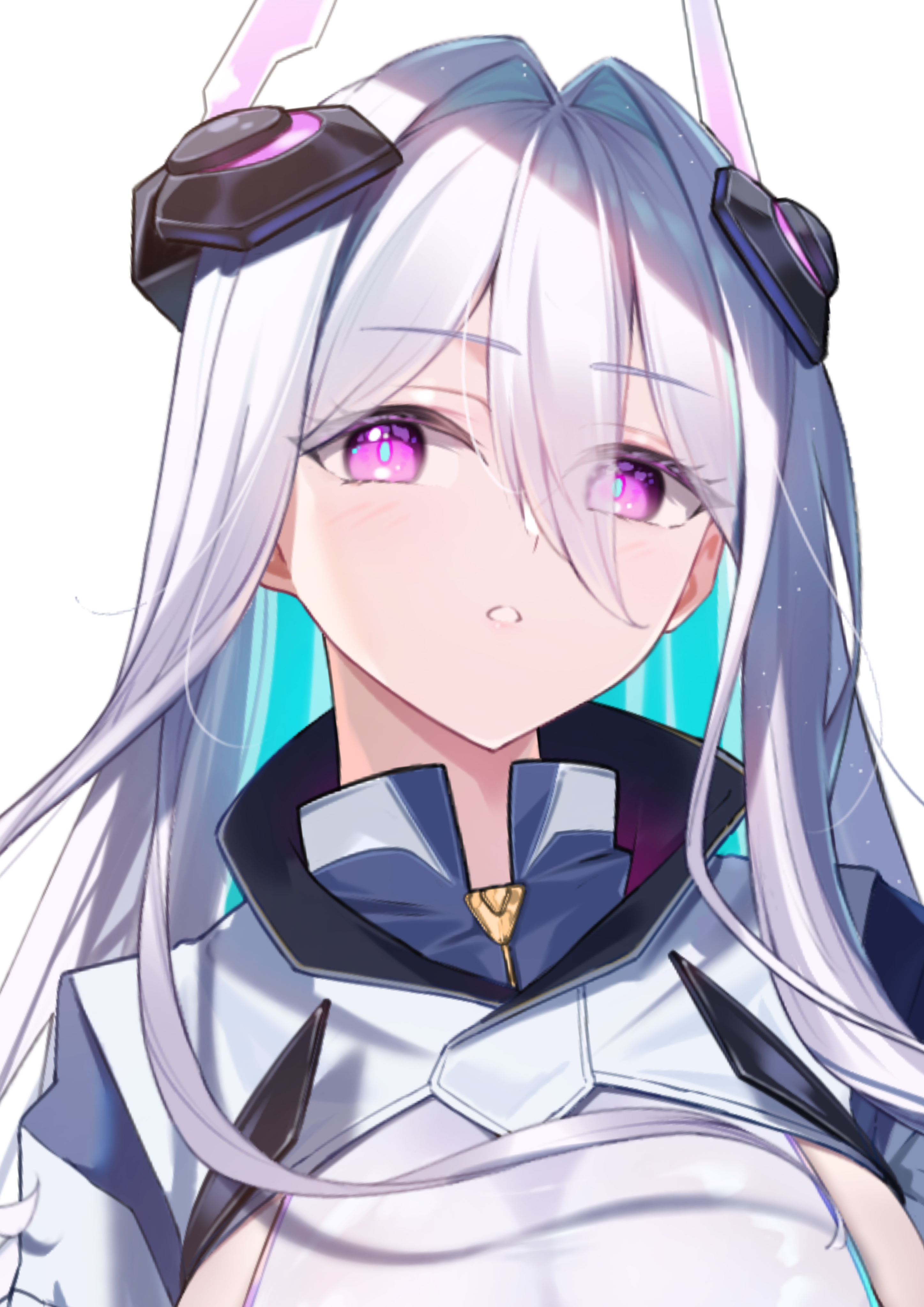 rubisco, kearsarge (azur lane), azur lane, absurdres, commentary request, commission, highres, skeb commission, 1girl, aqua pupils, breasts, eyes visible through hair, grin, hair between eyes, hair intakes, headpiece, horns, jacket, large breasts, leotard, long hair, mechanical horns, open mouth, purple eyes, sidelocks, simple background, smile, solo, white background, white hair, white jacket, white leotard