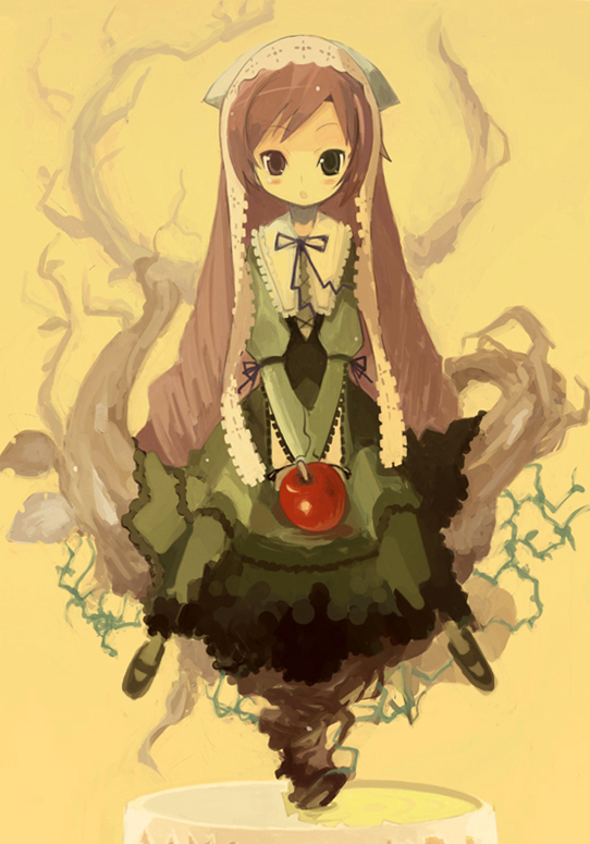 hiruma andon, ke1rou, suiseiseki, ringo, rozen maiden, 00s, 1girl, apple, female focus, food, fruit, headscarf, heterochromia, holding, holding food, holding fruit, lolita fashion, long hair, simple background, sitting, solo, very long hair, white headscarf, yellow background