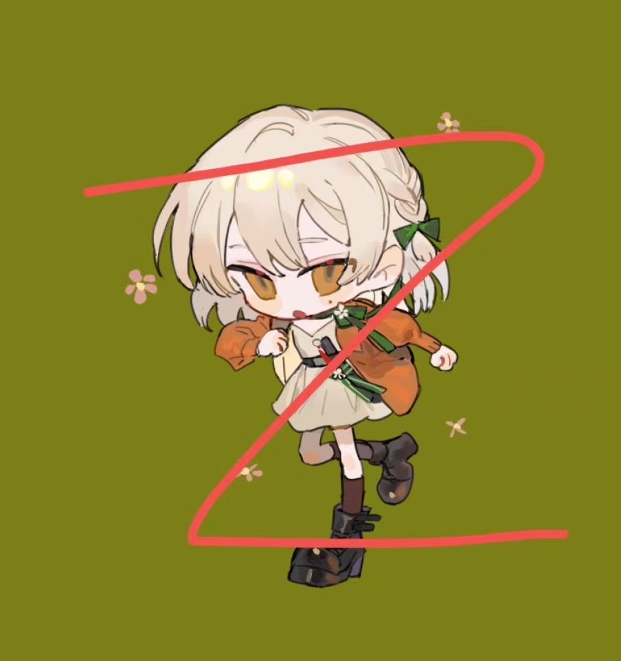 qyzhiaiyisheng, original, 1girl, black boots, blonde hair, boots, braid, brown hair, chibi, chibi only, dress, flower, full body, green background, hair between eyes, jacket, long sleeves, open clothes, open jacket, open mouth, orange jacket, short hair, solo