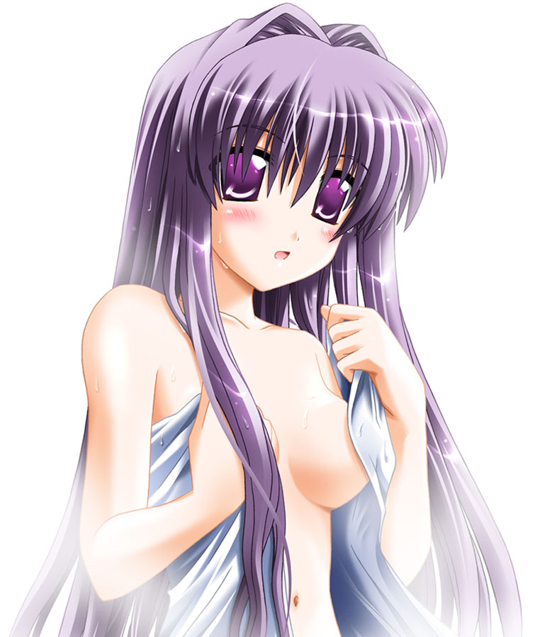 otoki raku, fujibayashi kyou, clannad, 00s, 1girl, blush, female focus, long hair, navel, nude, open towel, purple eyes, purple hair, solo, topless frame, towel, upper body
