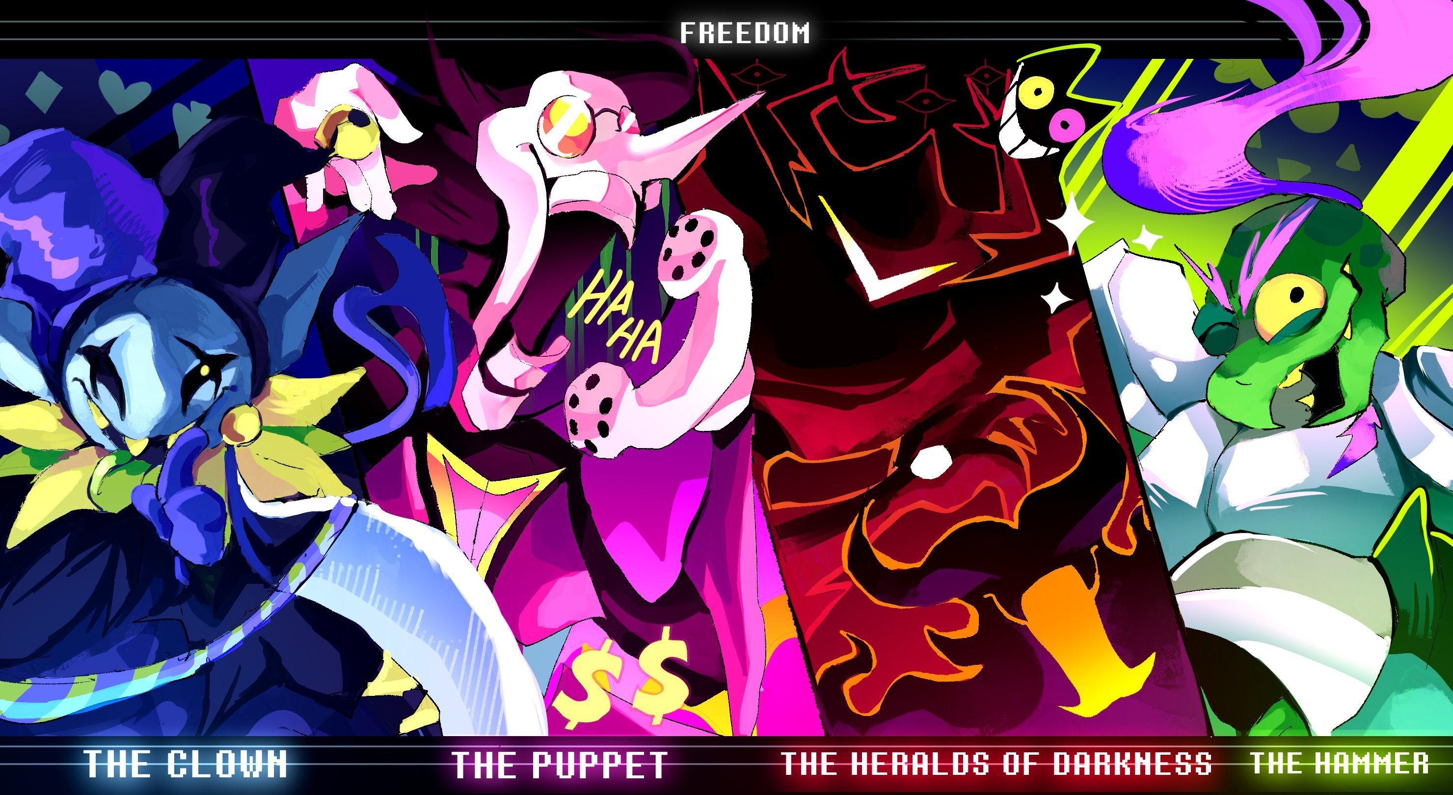 playcenter, gerson, jevil, roaring knight, spamton g. spamton, deltarune, utdr (toby fox), highres, tagme, 2others, 3boys, colored skin, english text, eram (deltarune), finger to mouth, friend (deltarune), gerson (hammer of justice), glasses, hat, jester, jester cap, laughing, multiple boys, multiple others, scythe, smile, trait connection, turtle boy, white skin