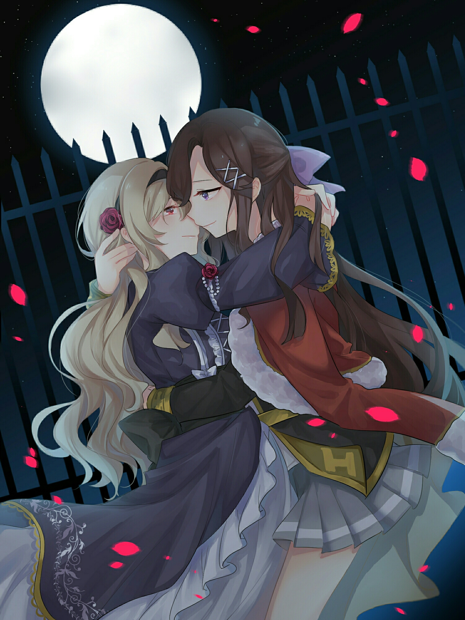 saijou claudine, tendou maya, shoujo kageki revue starlight, shoujo kageki revue starlight -re live-, artist request, highres, 2girls, black dress, black headband, blonde hair, brown hair, couple, dress, falling petals, flower, hair ornament, hairclip, hands on another's head, hands on another's shoulders, hands on another's waist, headband, hug, military uniform, moon, multiple girls, night, night sky, petals, pleated skirt, purple eyes, purple ribbon, red eyes, red flower, red rose, ribbon, rose, rose petals, skirt, sky, yuri
