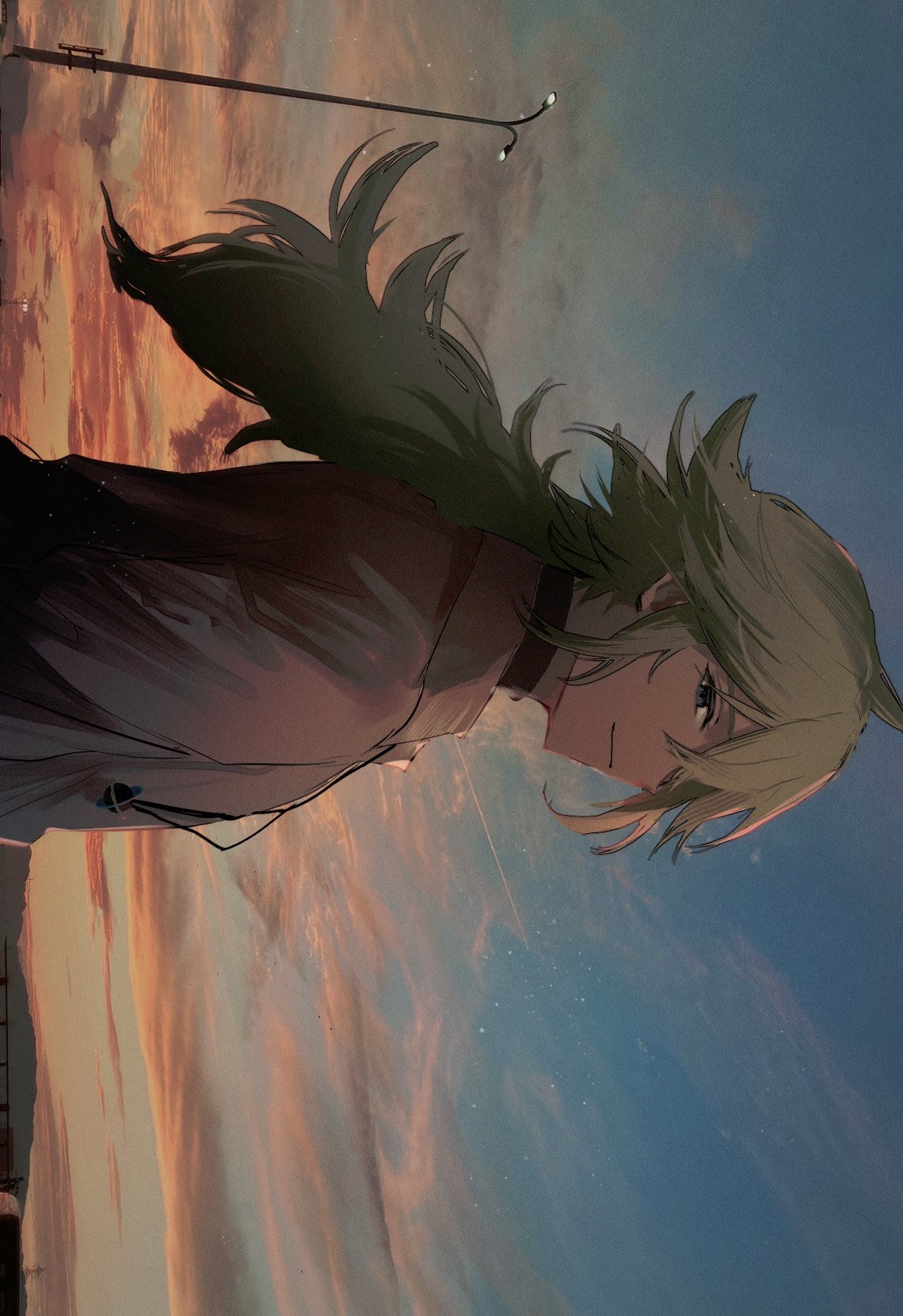 ayago 8, n (pokemon), nintendo, pokemon, pokemon bw, highres, 1boy, black undershirt, closed mouth, cloud, collared shirt, dusk, green eyes, green hair, hair between eyes, lamppost, long hair, male focus, outdoors, shirt, sky, smile, sunset, undershirt, upper body, white shirt