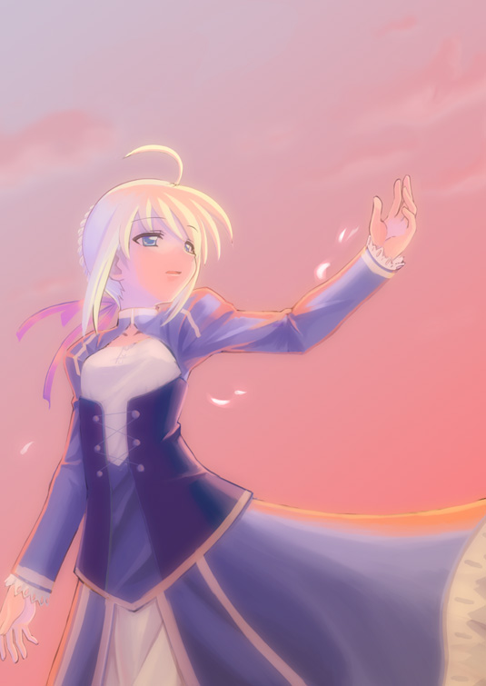 artoria pendragon (fate), saber (fate), fate/stay night, fate (series), 00s, 1girl, ahoge, blonde hair, female focus, green eyes, outdoors, ribbon, sky, solo